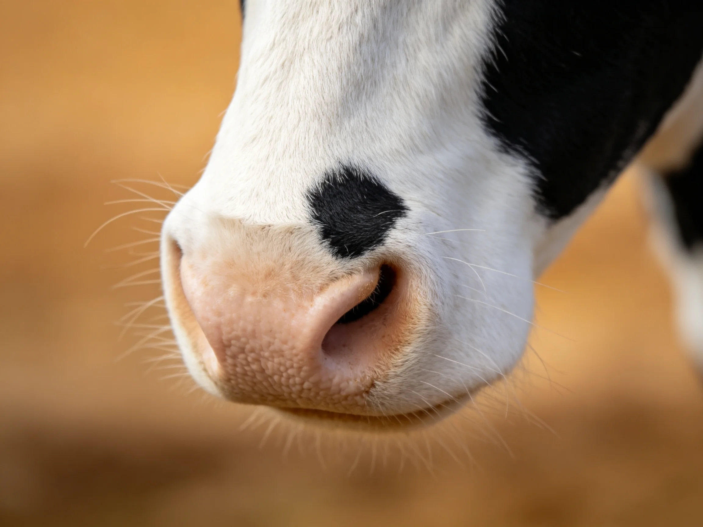 Close-up of a black and white cow’s nose with pink snout and whiskers