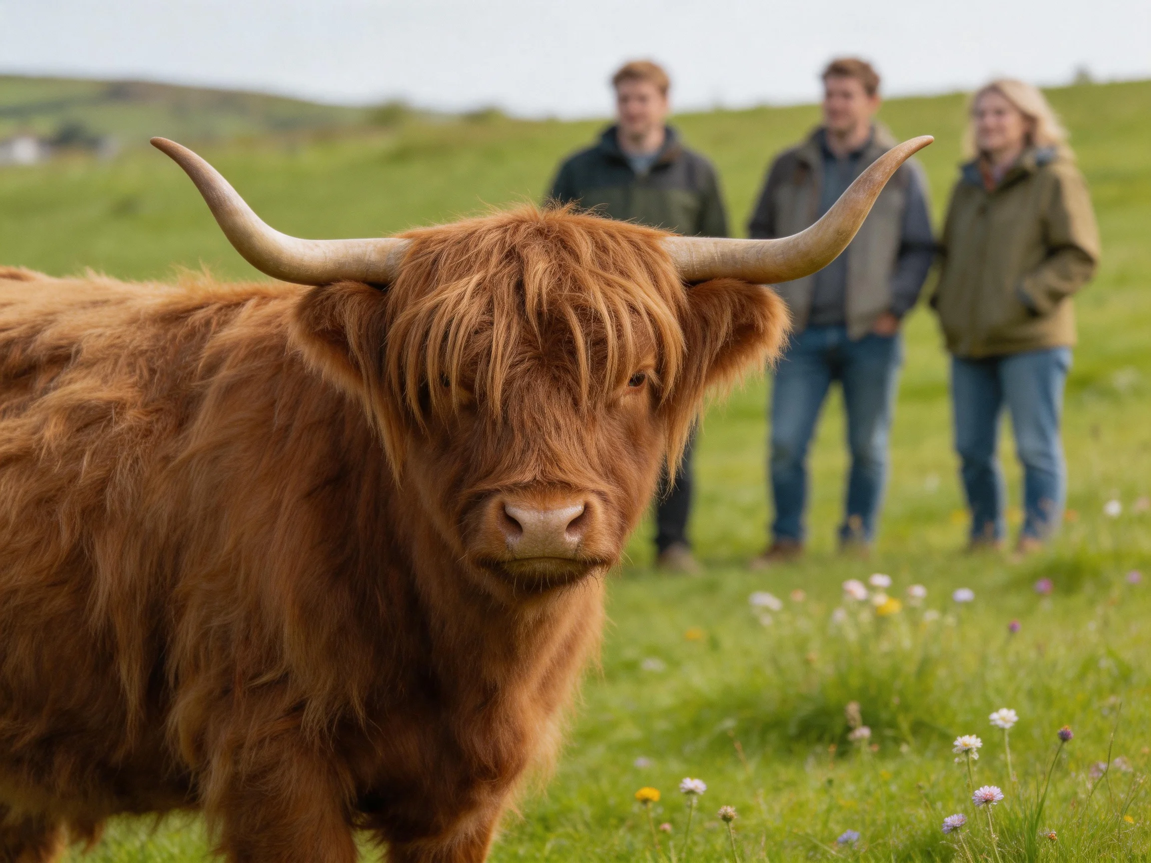 A brown Highland cow stands in a grassy field with three people nearby.