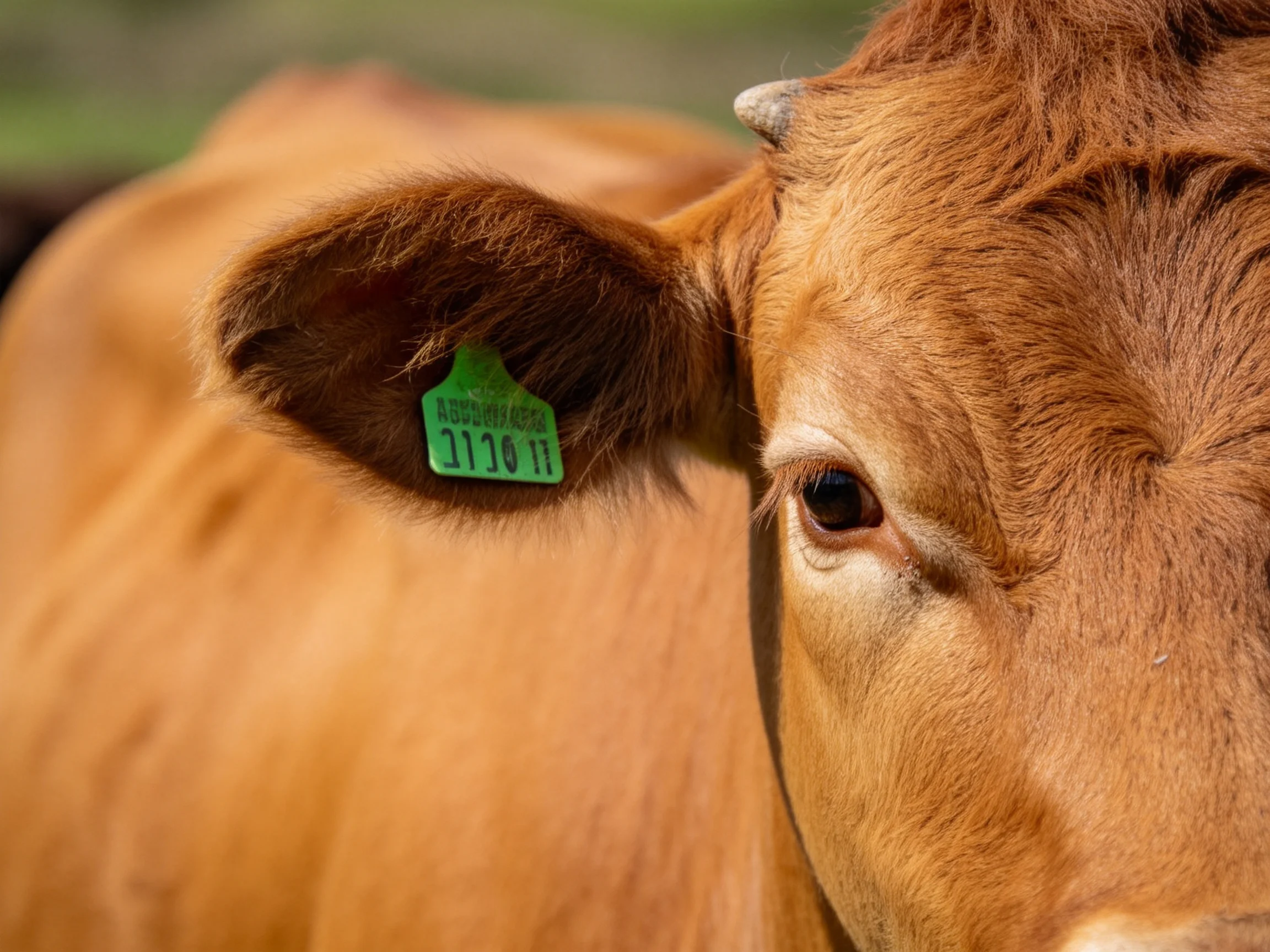 Close - up of a brown cow’s ear with a green numbered tag