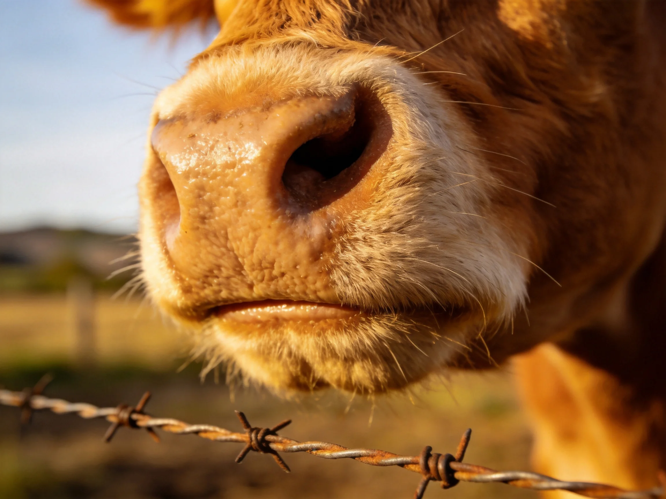 Close - up of a brown cow’s nose near rusty barbed wire