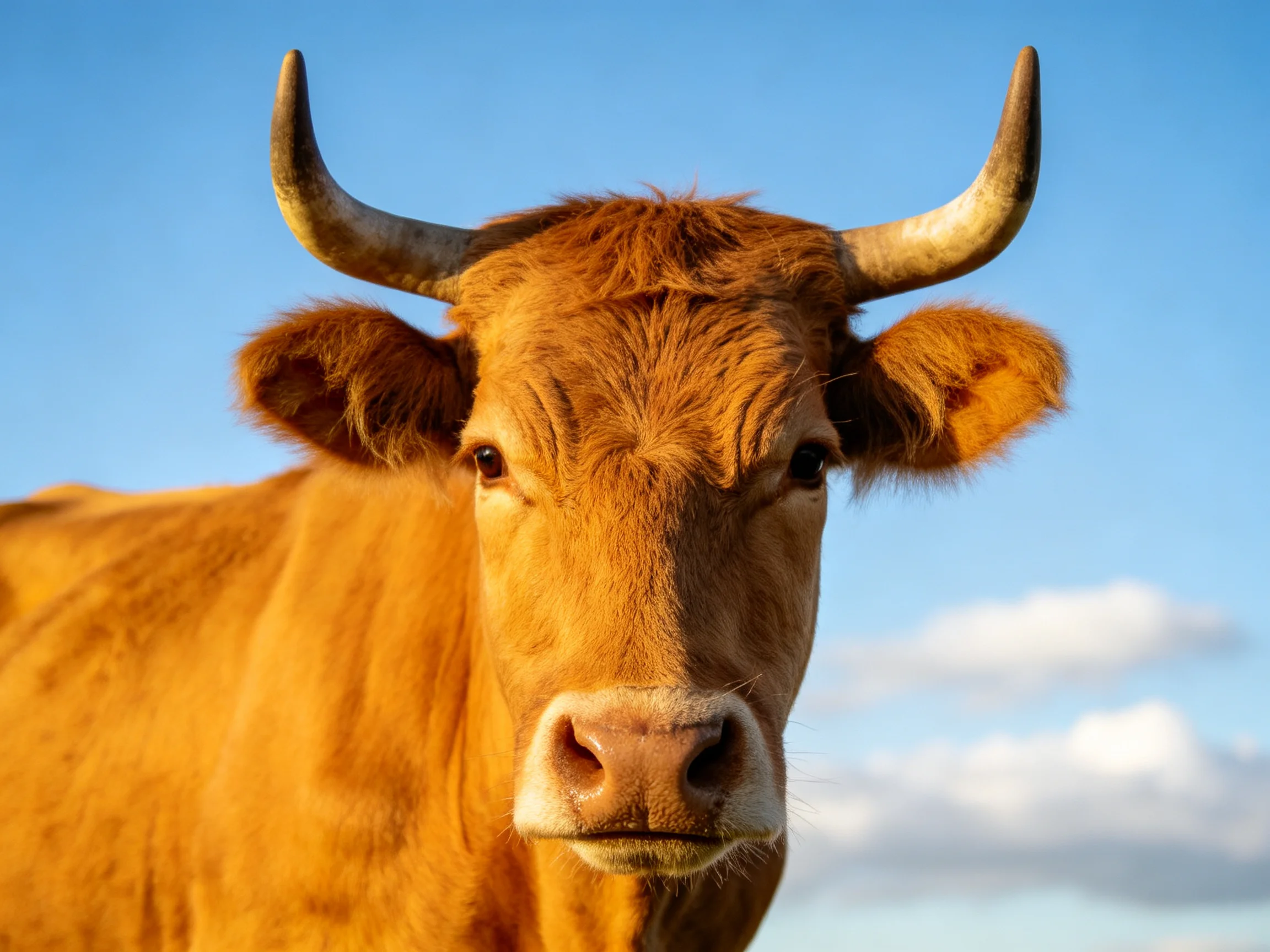 Close-up of a brown horned cow with large curved horns under a clear blue sky