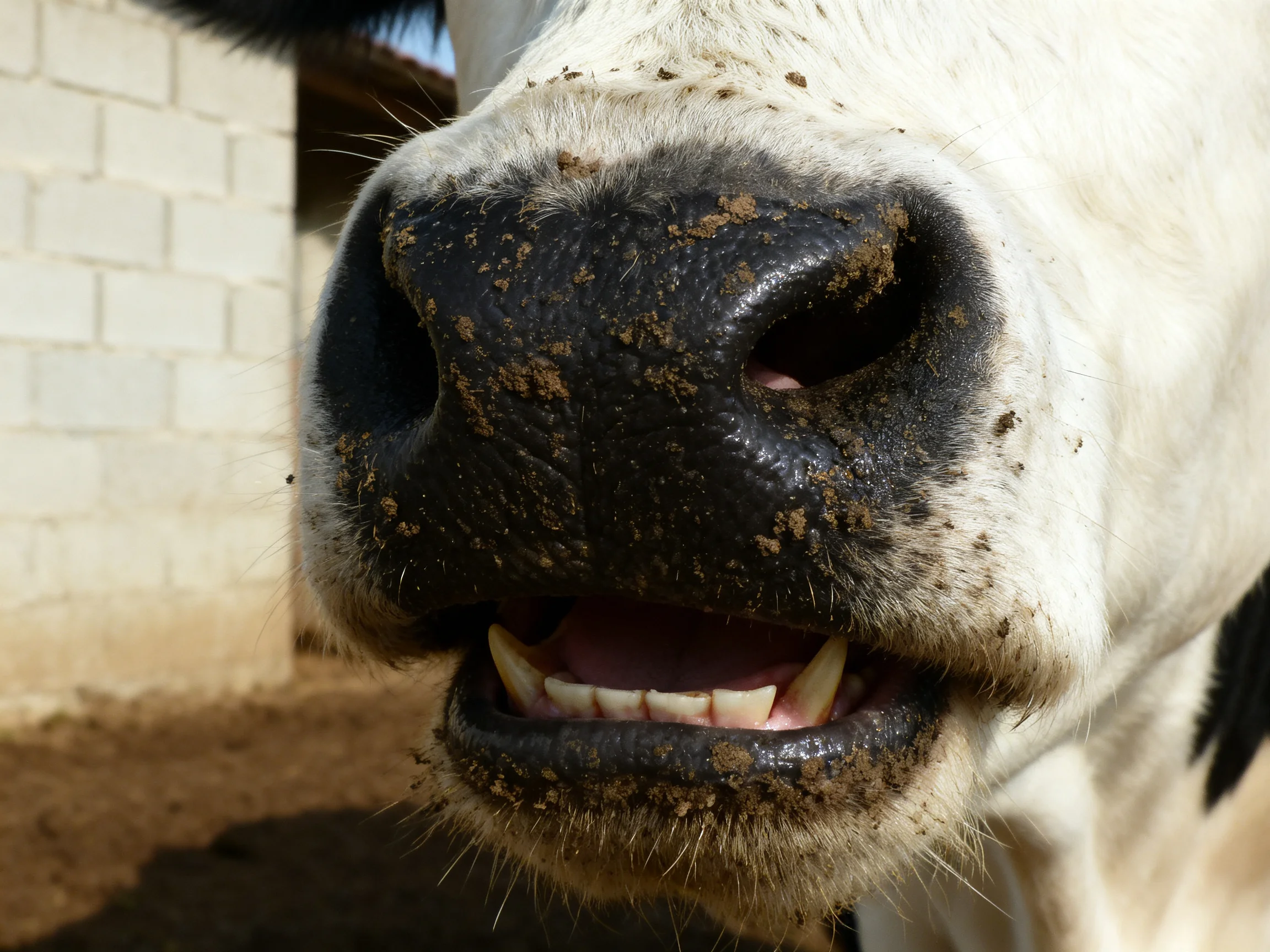 Close - up of a cow’s dirty black nose and white fur