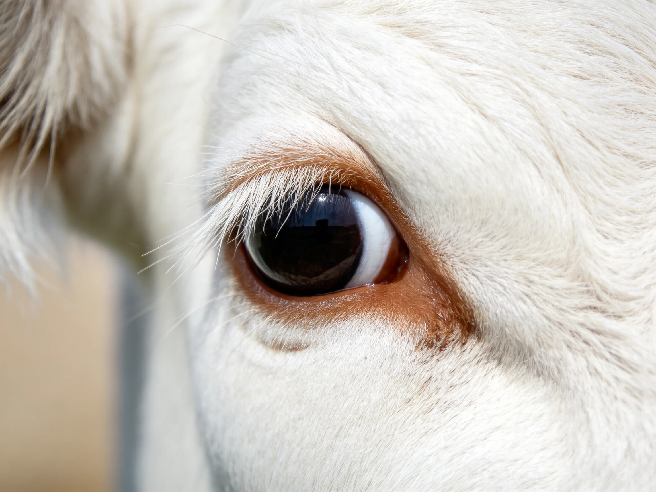 Close - up of a cow’s eye with white fur and brown facial markings