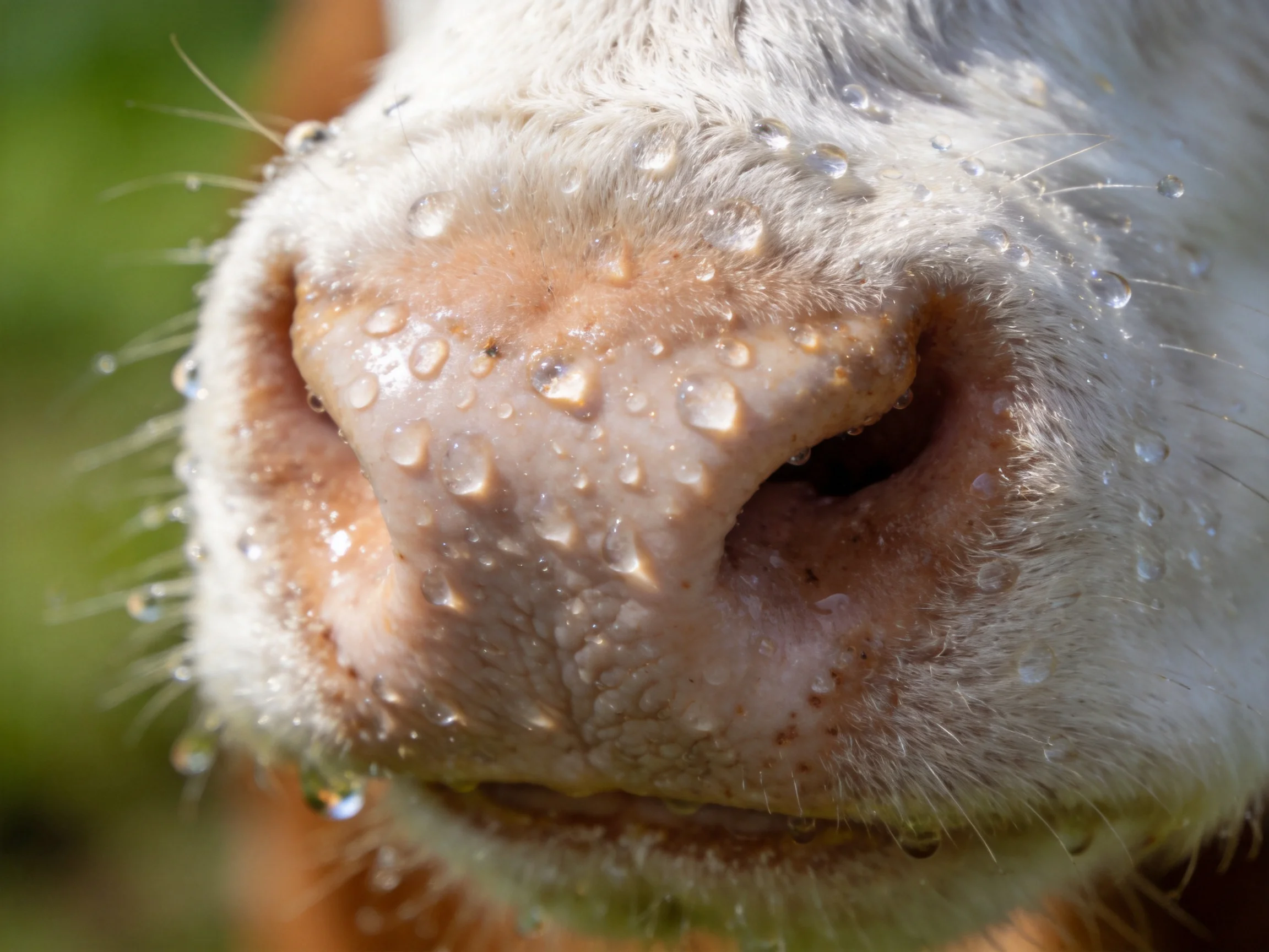 Close - up of a cow’s nose with water droplets and white fur