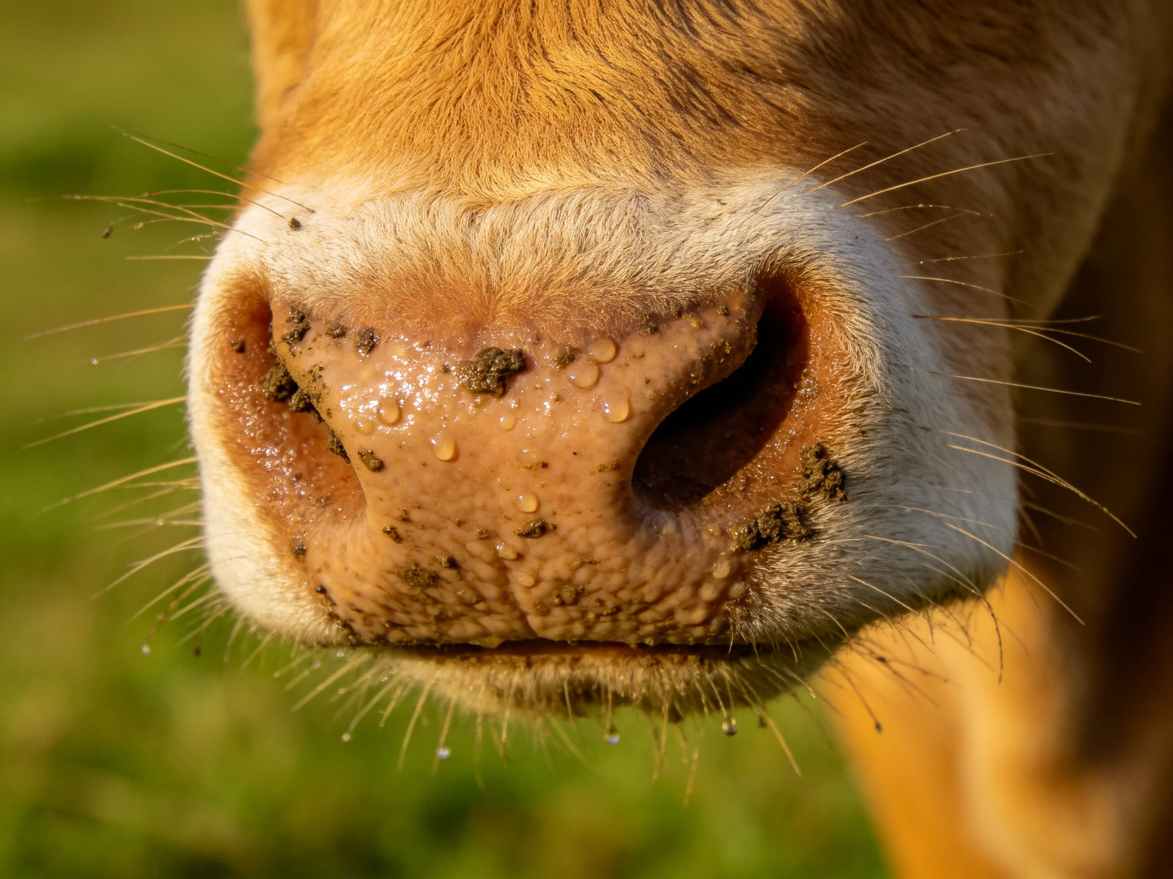 Close - up of a cows nose with mud and water droplets