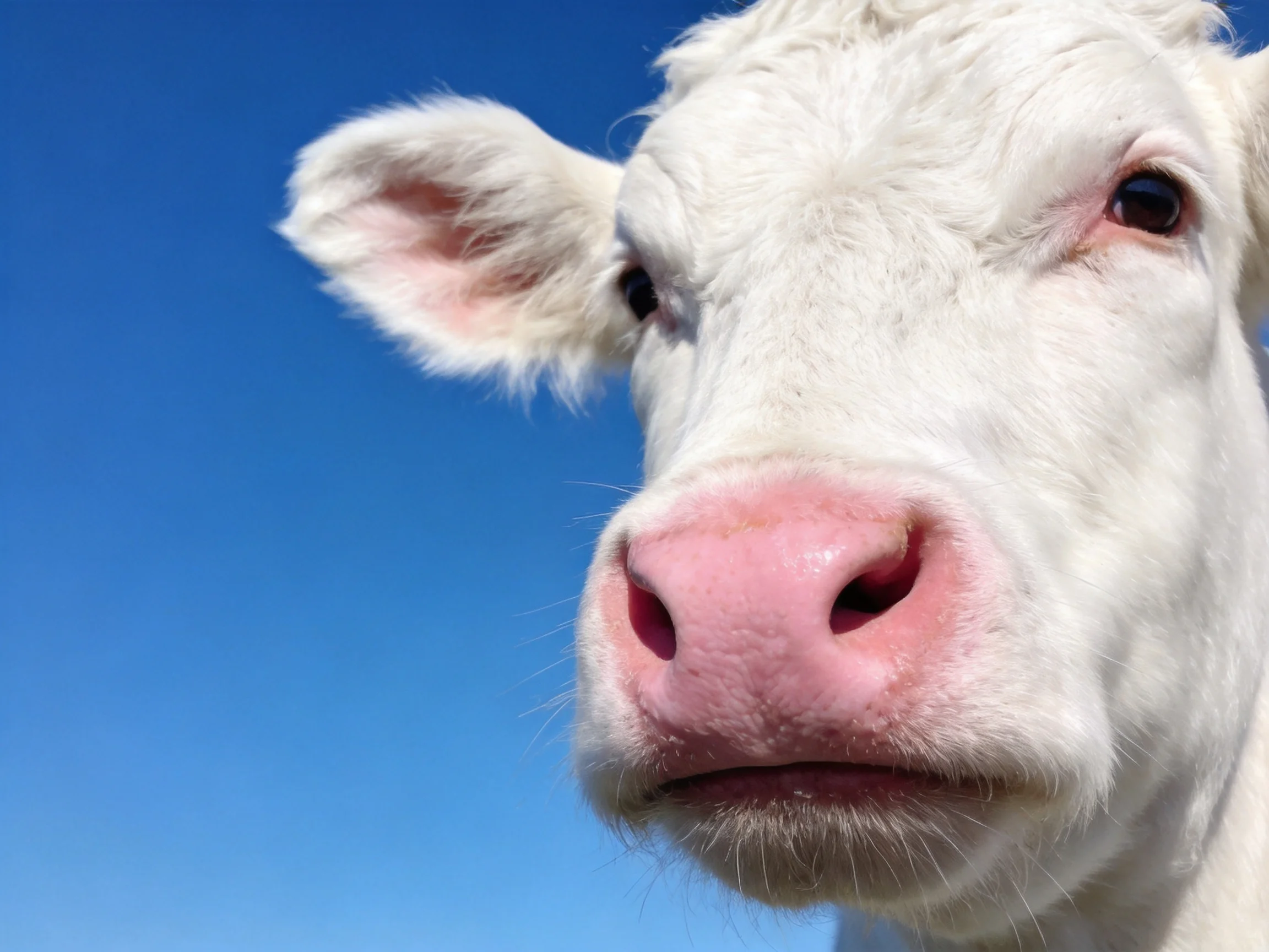 A white cow with a pink nose is shown up close near a clear blue sky.