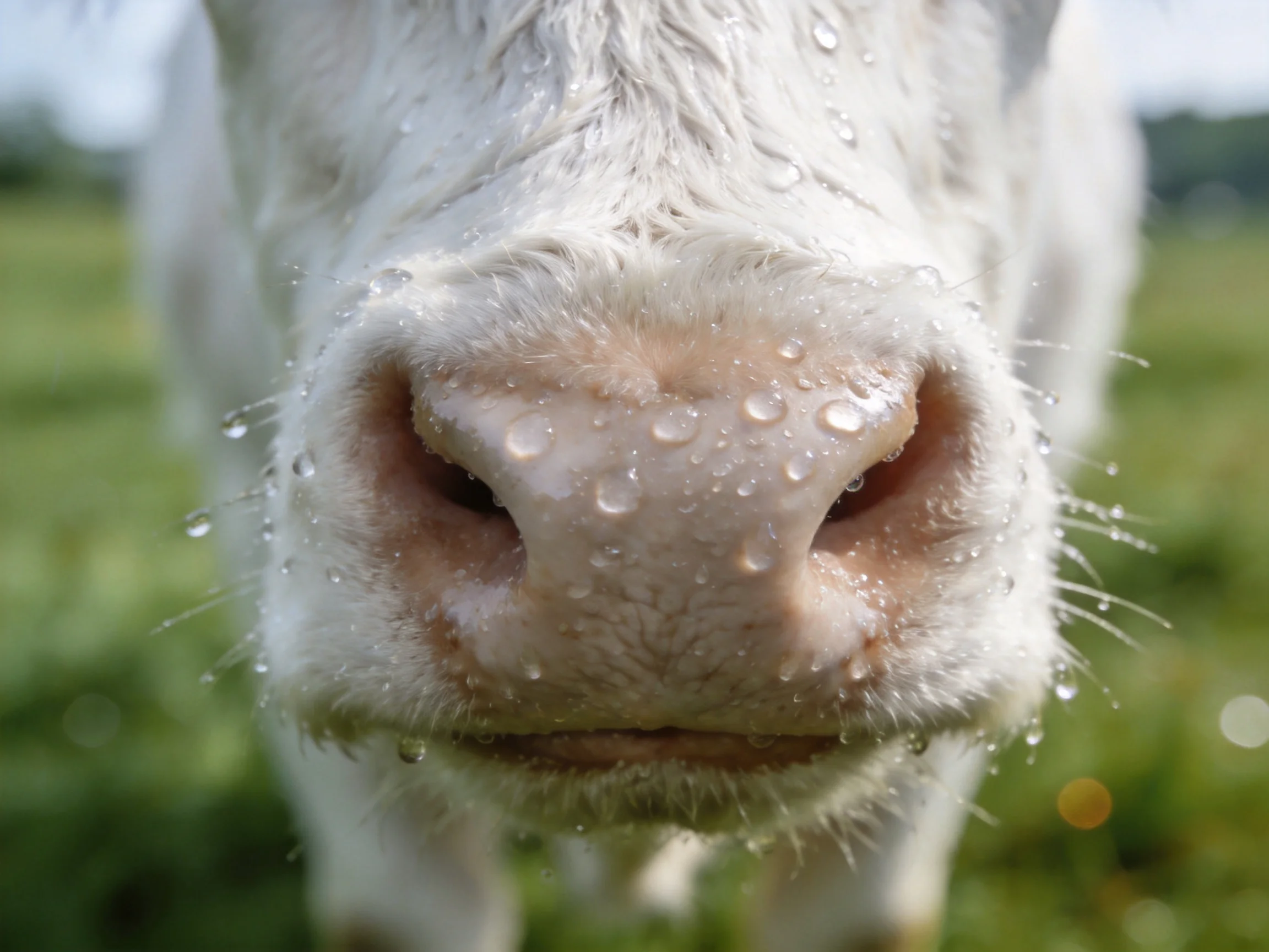 Close - up of a white cows nose with water droplets in a green pasture