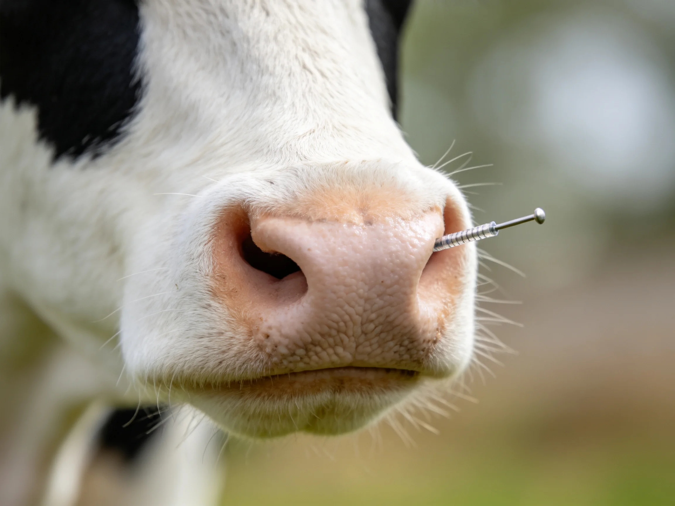 Close-up of black and white cow with metal screwdriver in nostril