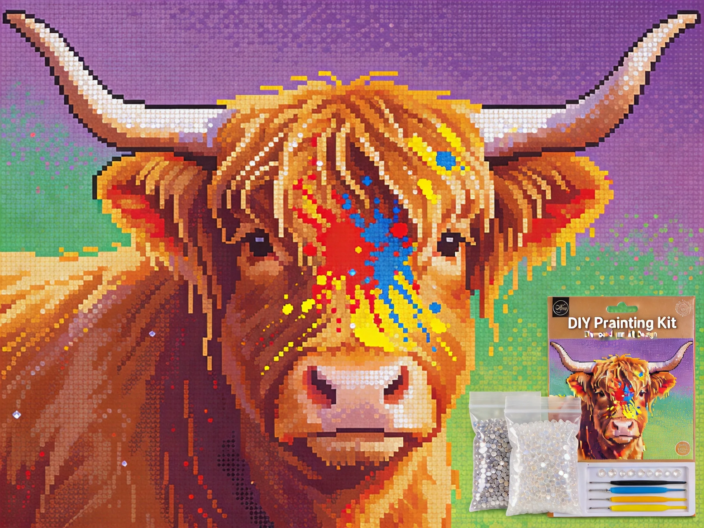 A cross-stitch kit showing a Highland cow with a purple and green background.