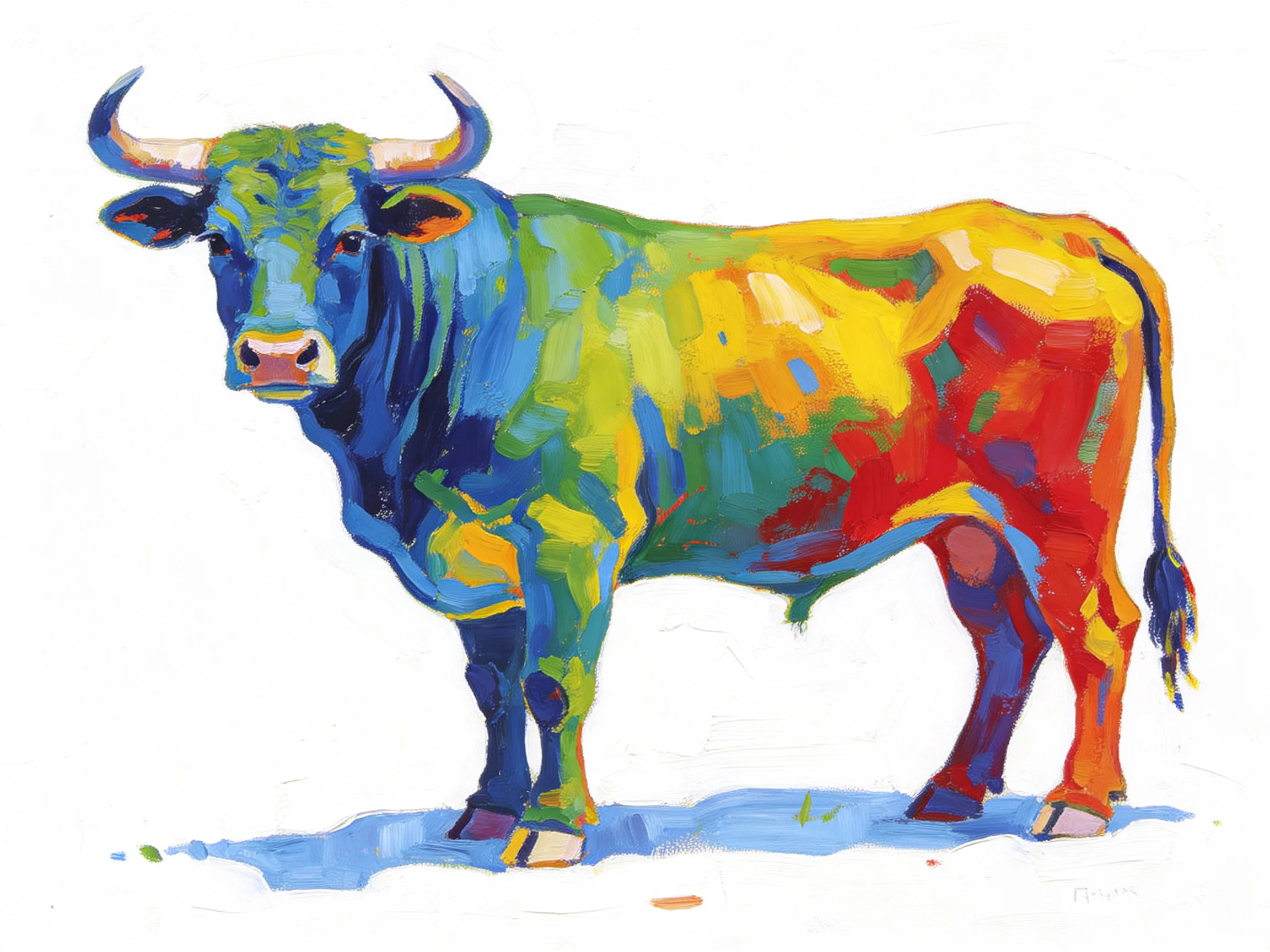 Colorful abstract painting of a muscular bull