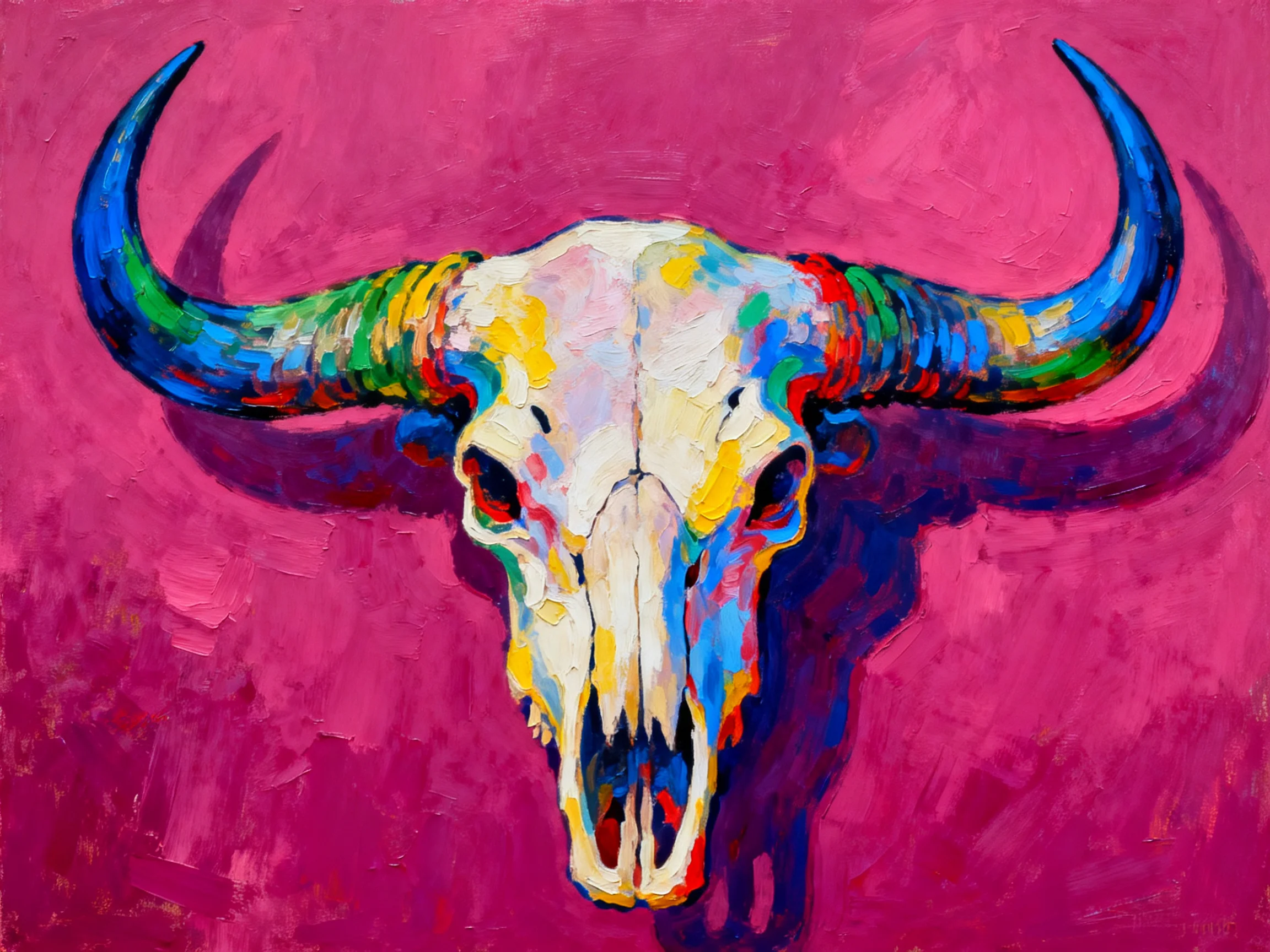 Colorful buffalo skull with large curved horns against deep pink background
