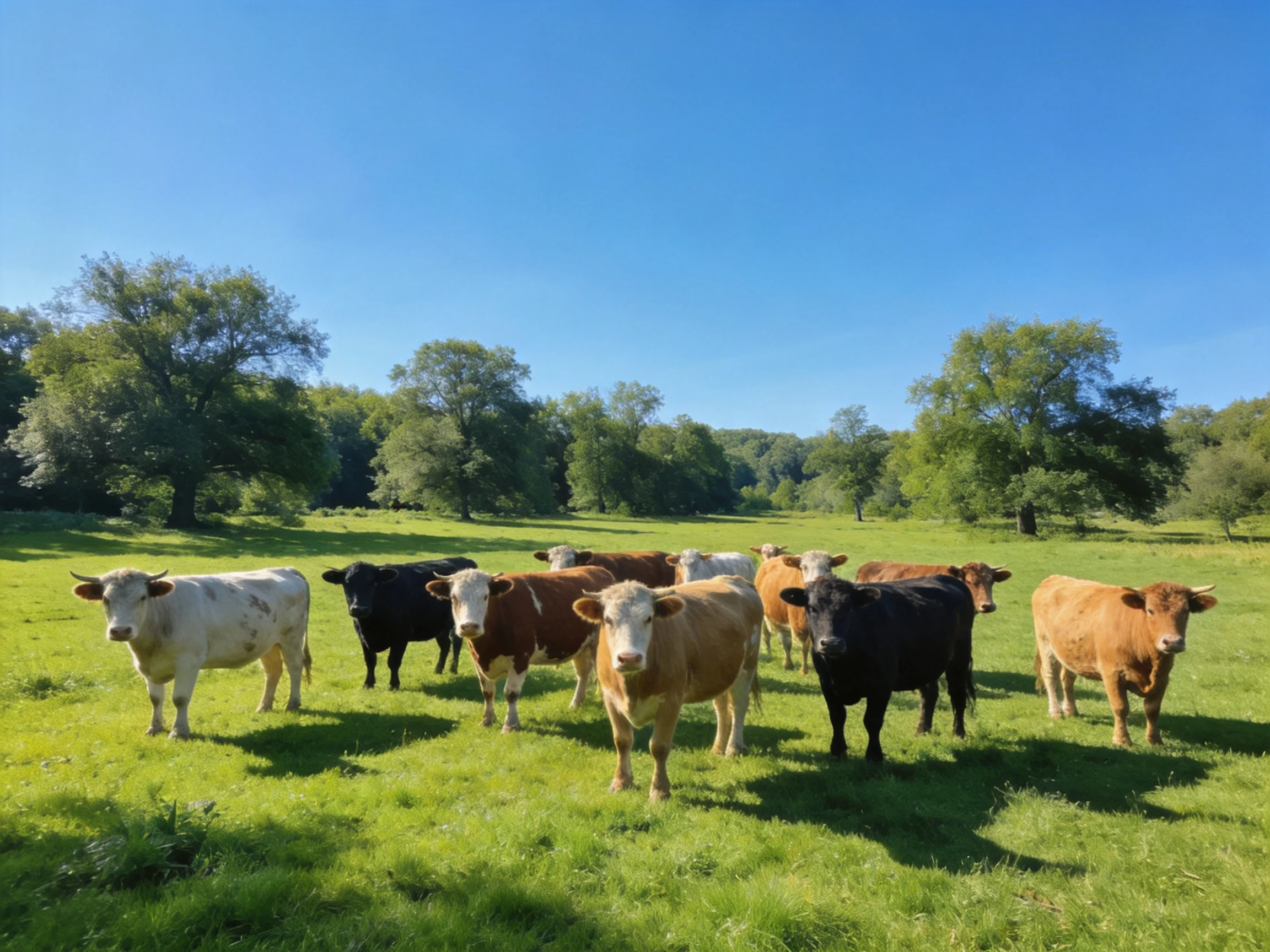 Colorful cattle gather in a sunny green pasture with large trees