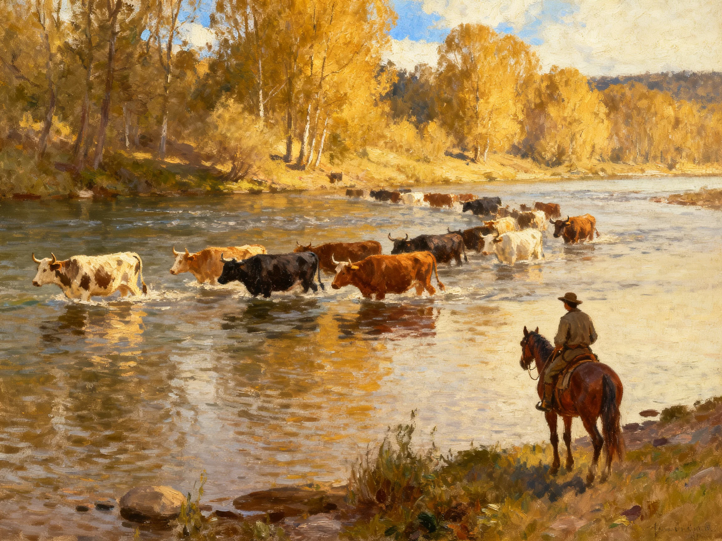 Cowboys guiding a mixed herd of cattle across a sunlit river