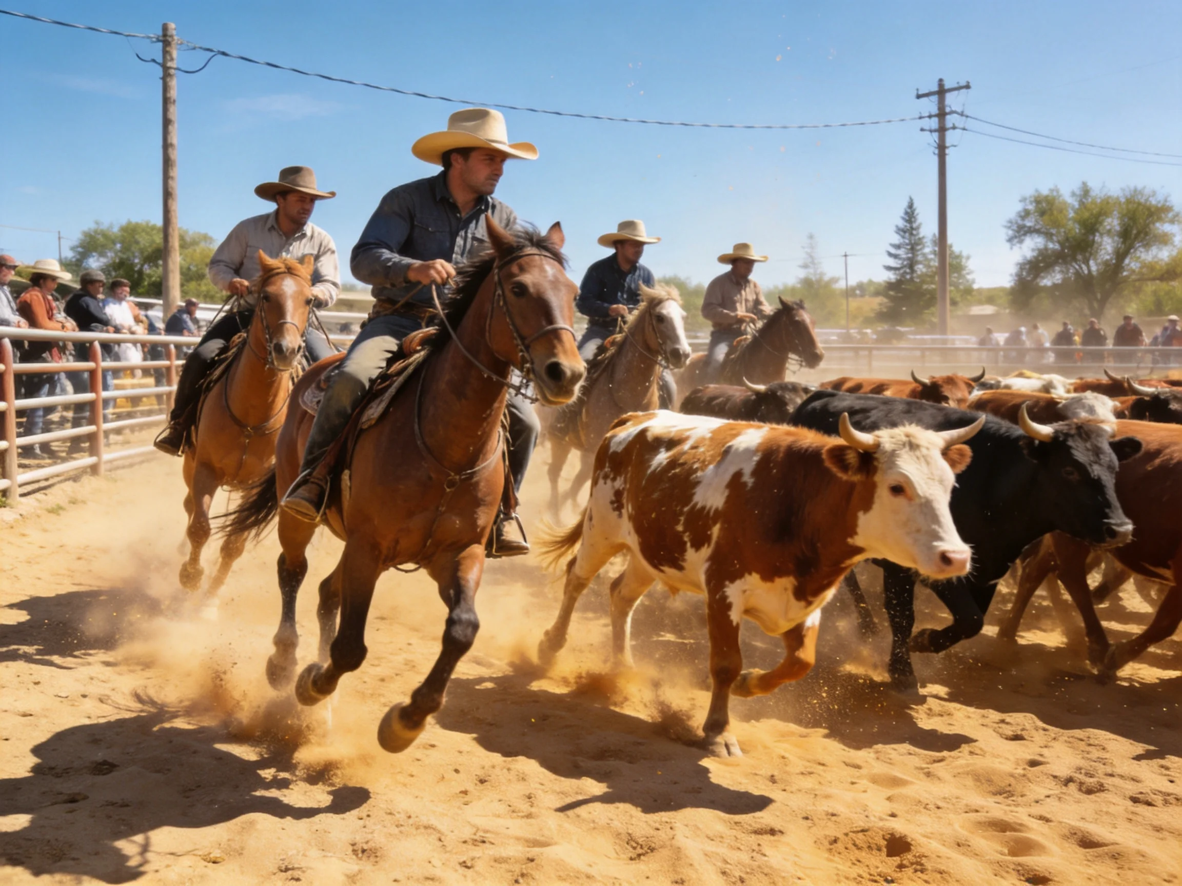 Cowboys herding cattle on brown horses in dusty arena