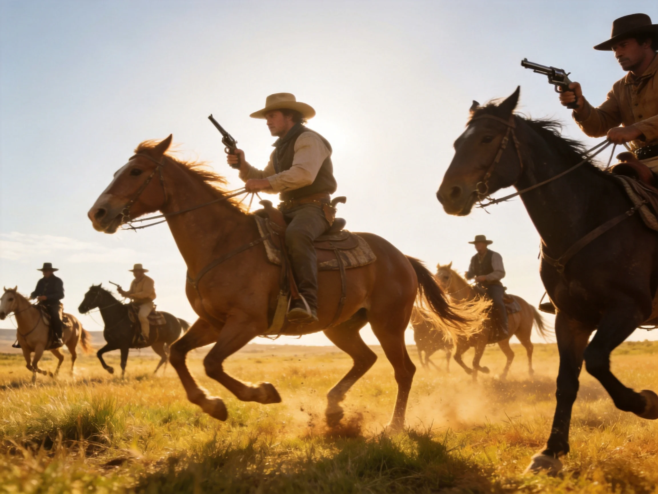Cowboys ride galloping horses with revolvers in sunlit field