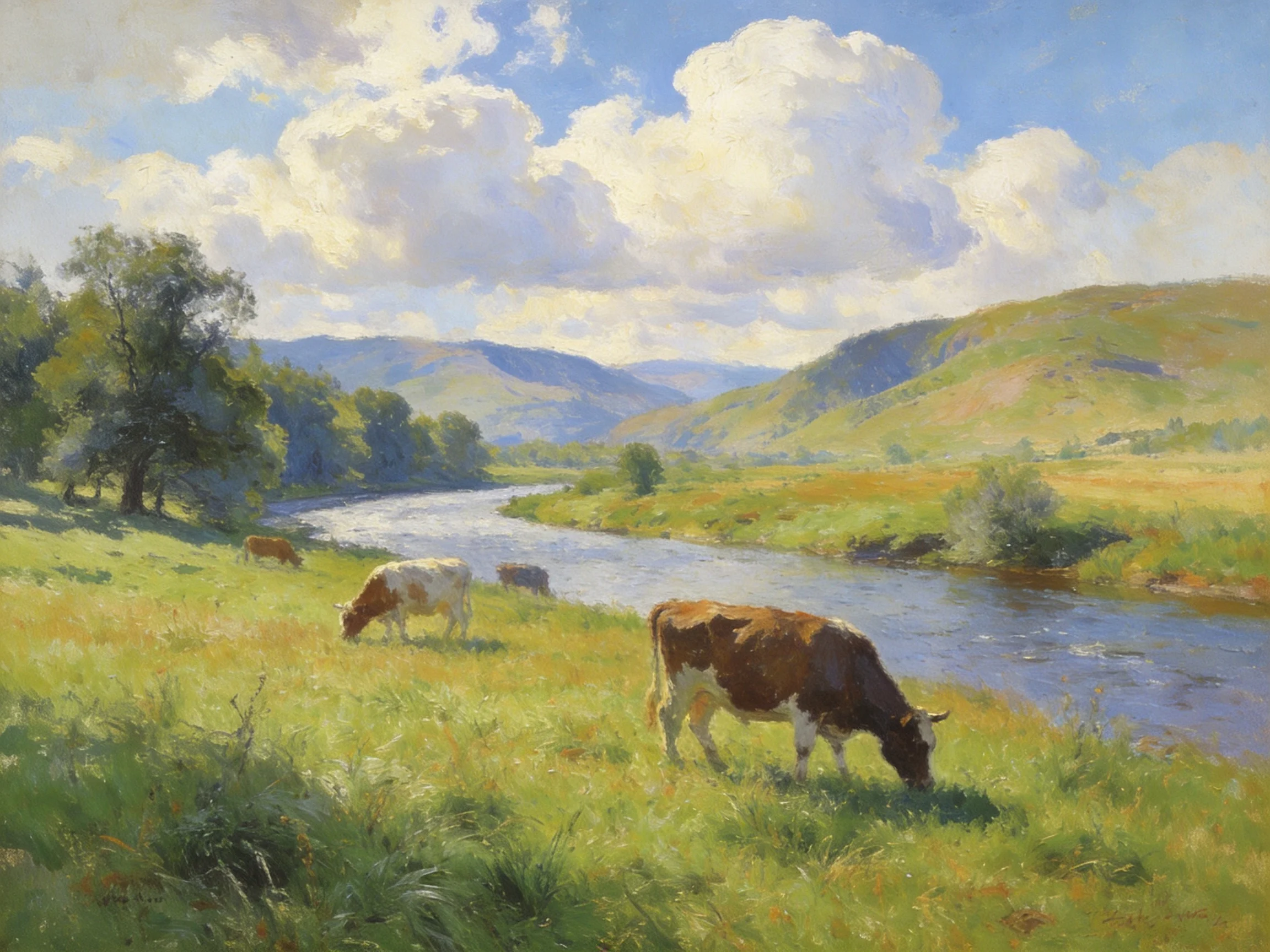 Cows Graze Near a Winding River in a Lush Pastoral Scene