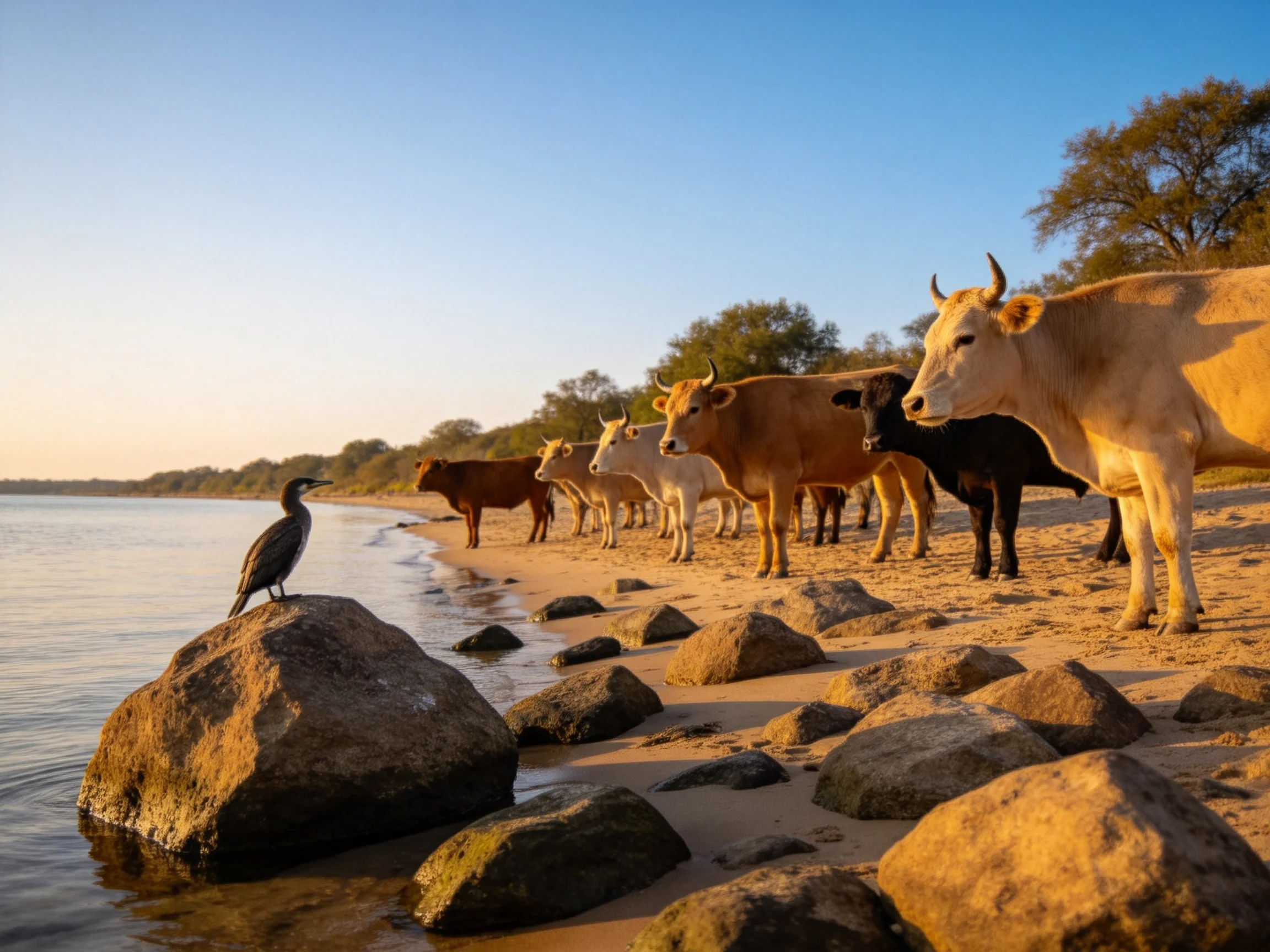 Cows and a bird on a rocky sandy shoreline