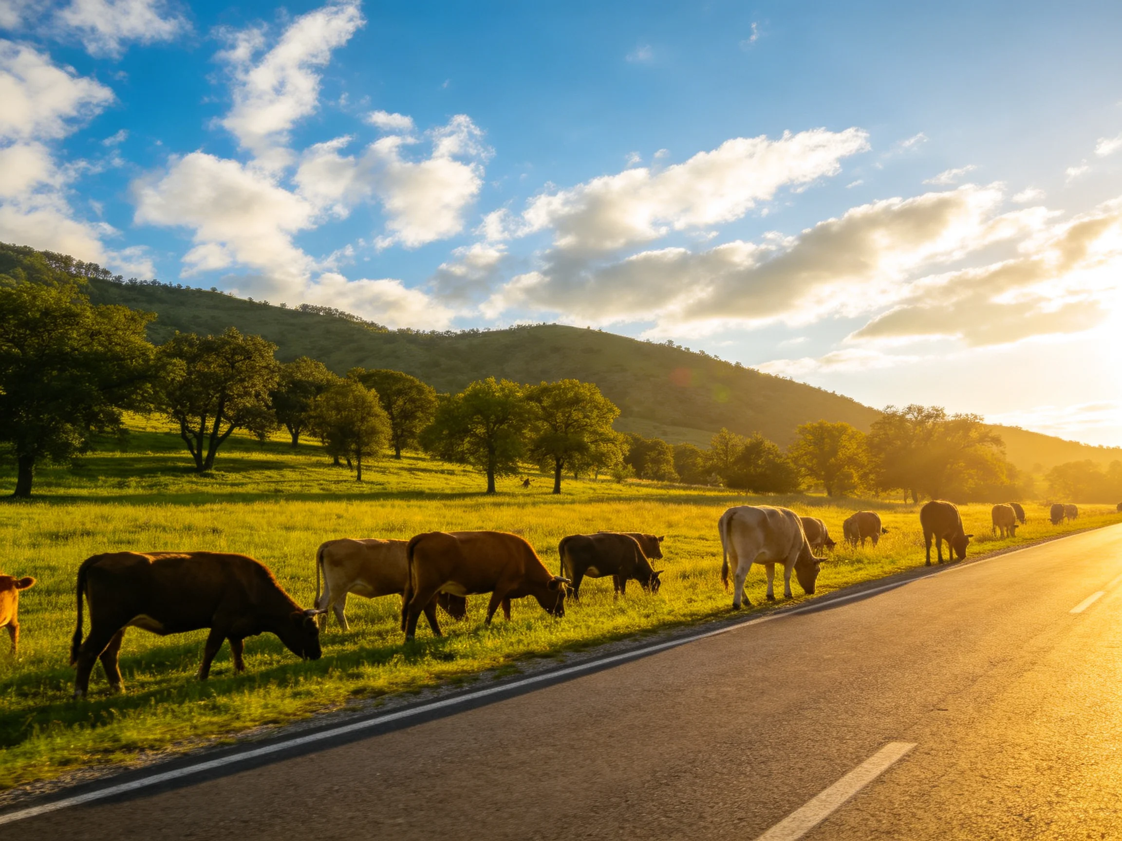 Cows graze beside a sunlit road with hills and trees in the background.