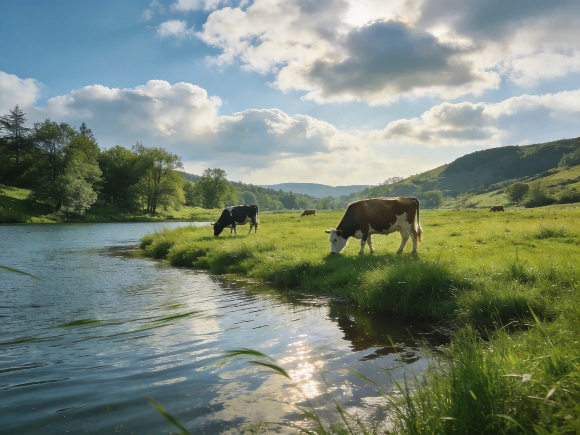 Cows graze by a calm blue river in lush green fields
