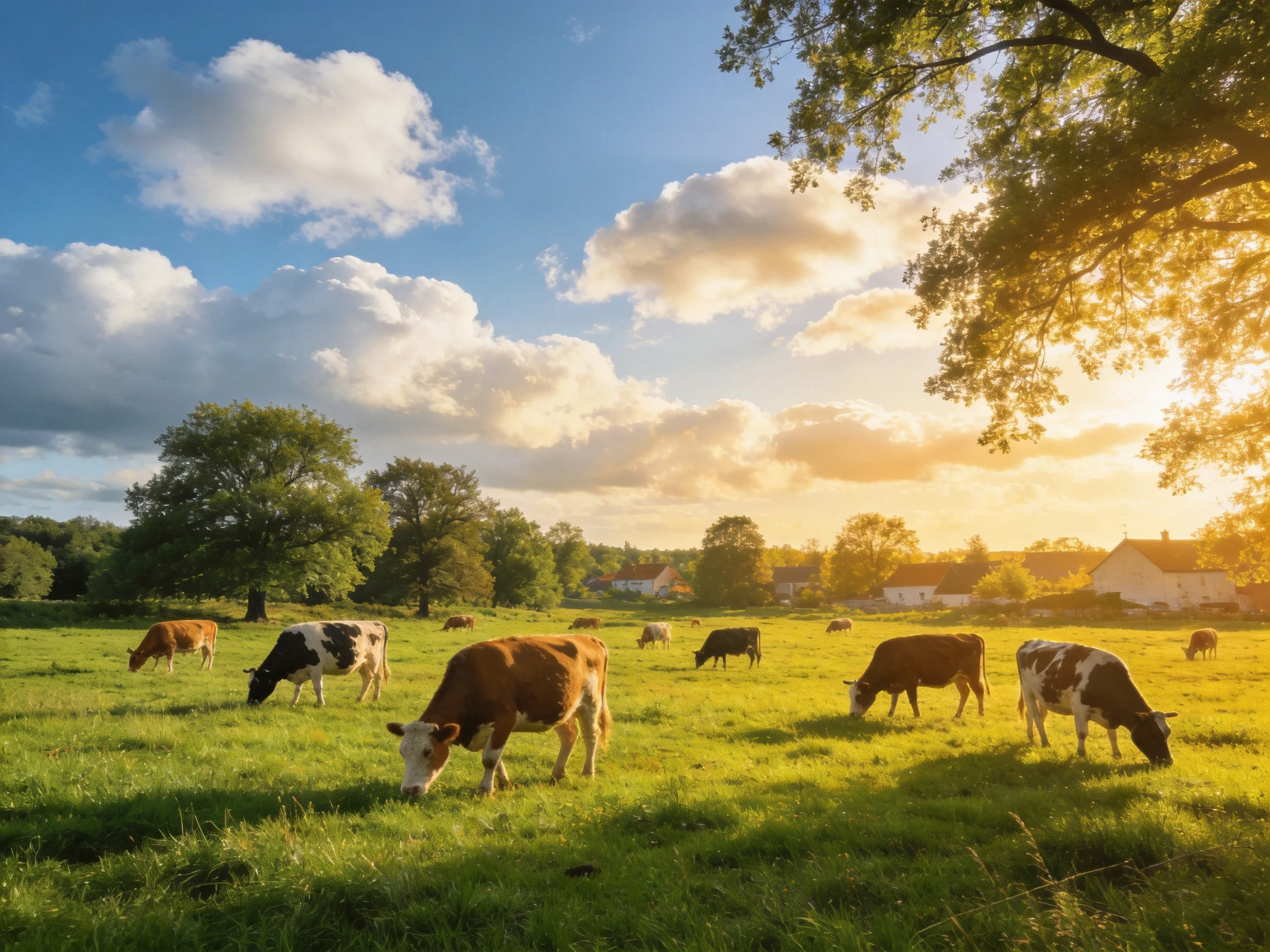 Cows graze in a golden-lit meadow near white farmhouses