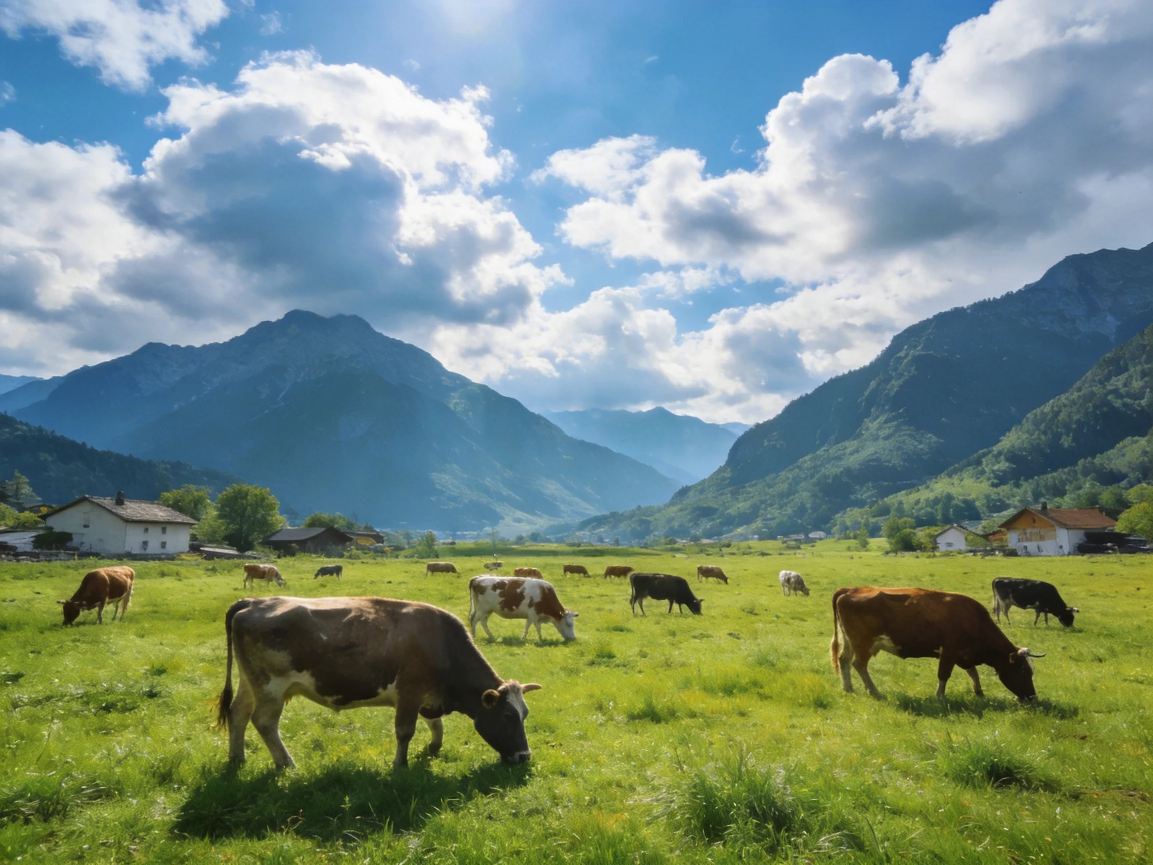 Cows graze in a lush green meadow near forested mountain villages