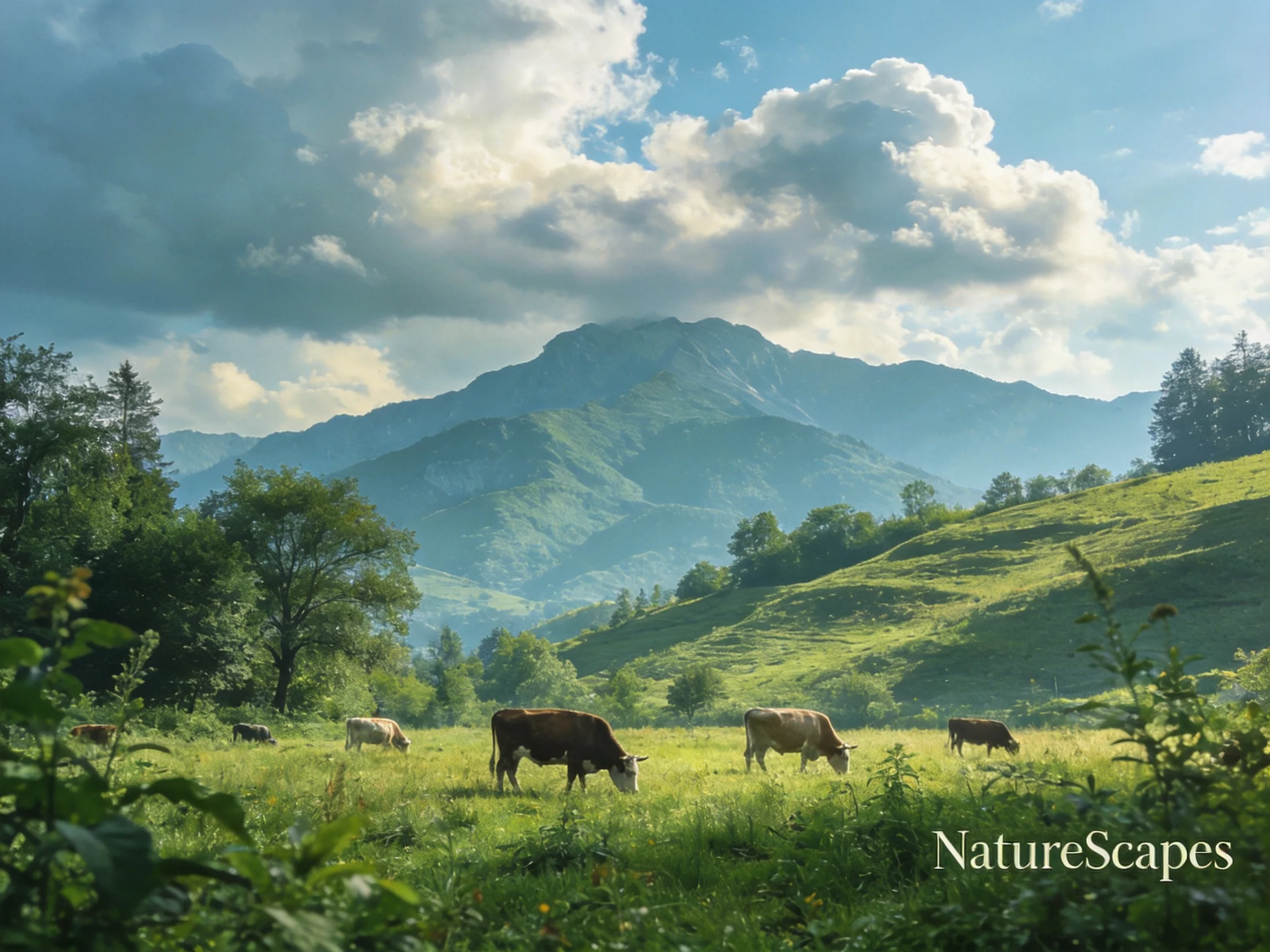 Cows graze in a lush green meadow near misty mountains