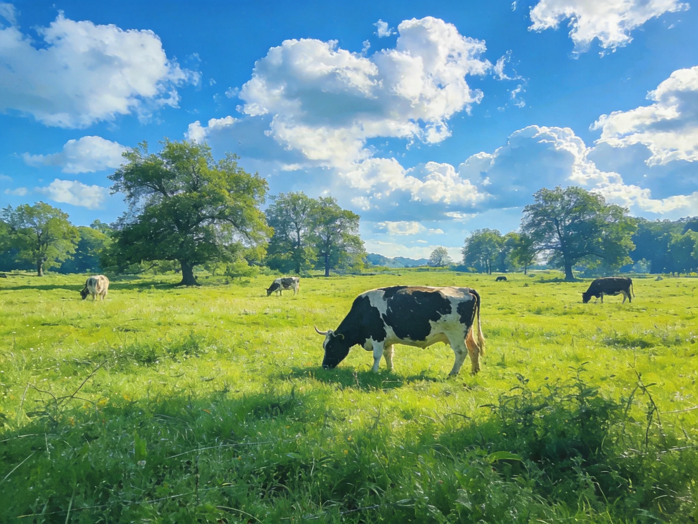 Cows graze in a lush green meadow under bright blue skies