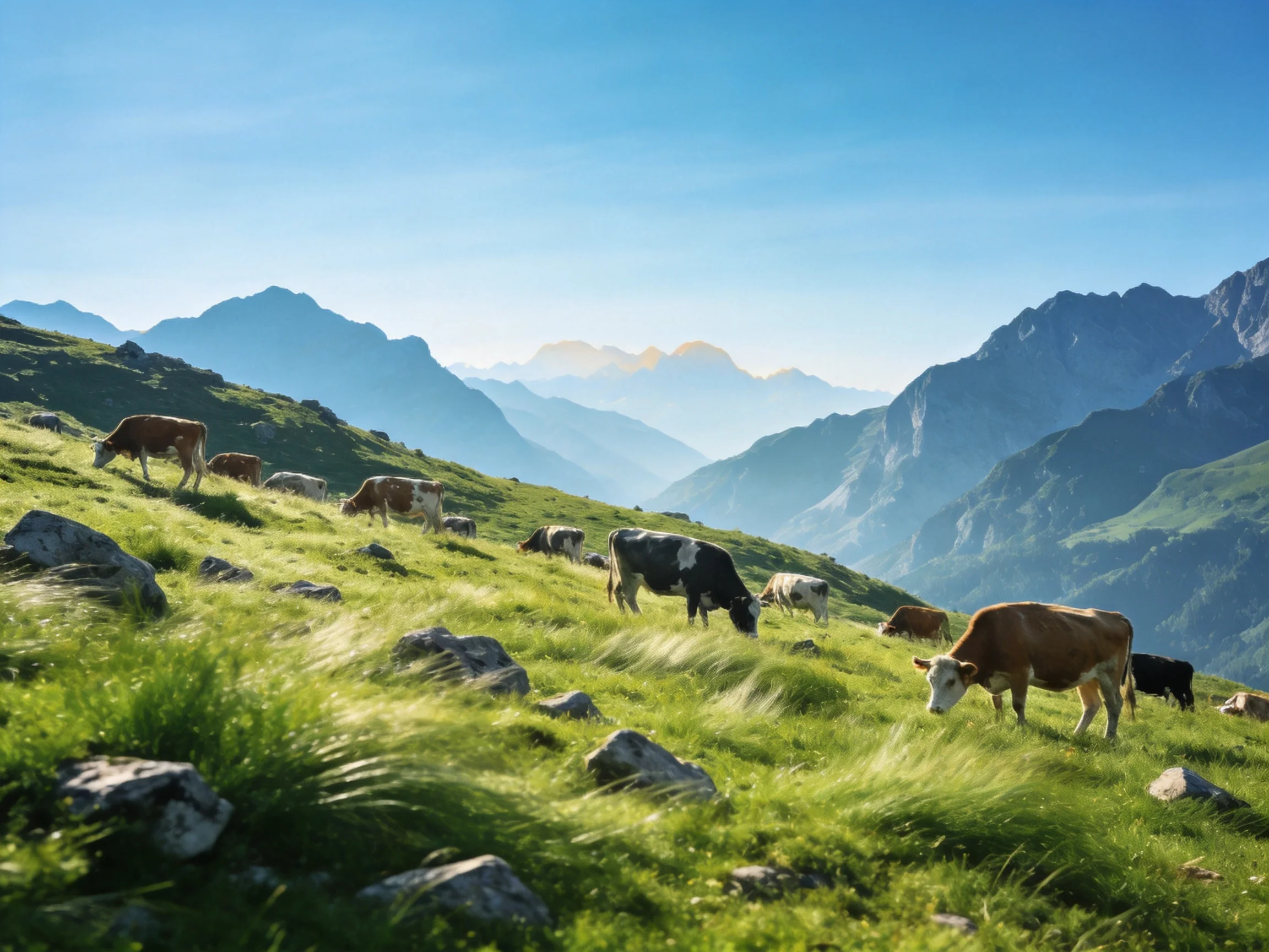 Cows graze on a verdant hillside near majestic mountains.