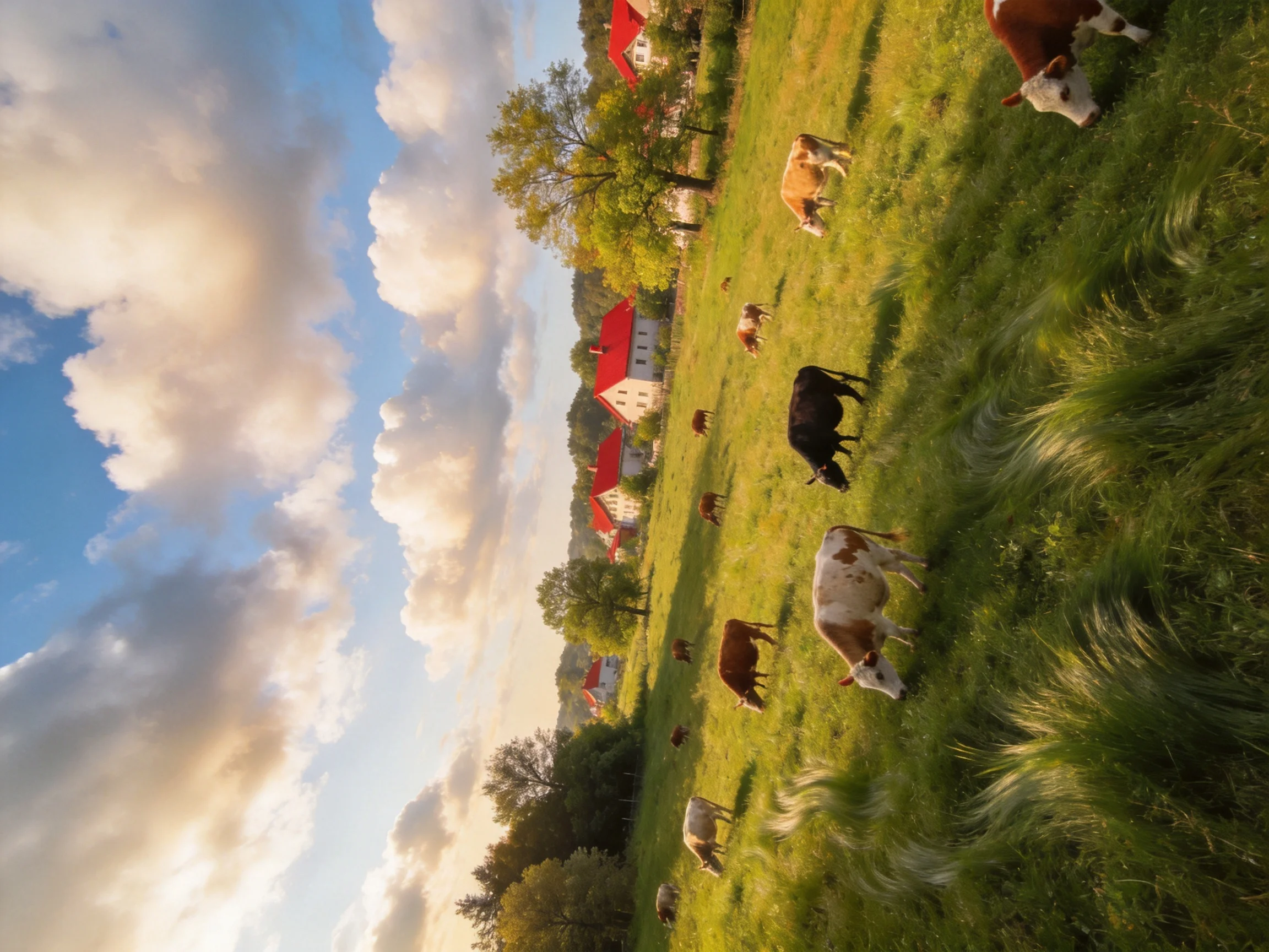 Cows graze in a lush green pasture near red-roofed farmhouses