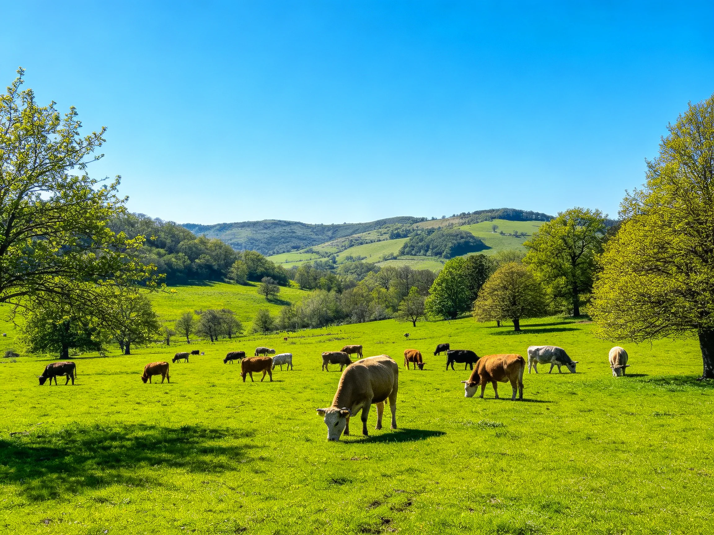 Cows graze in a lush green pasture with rolling hills