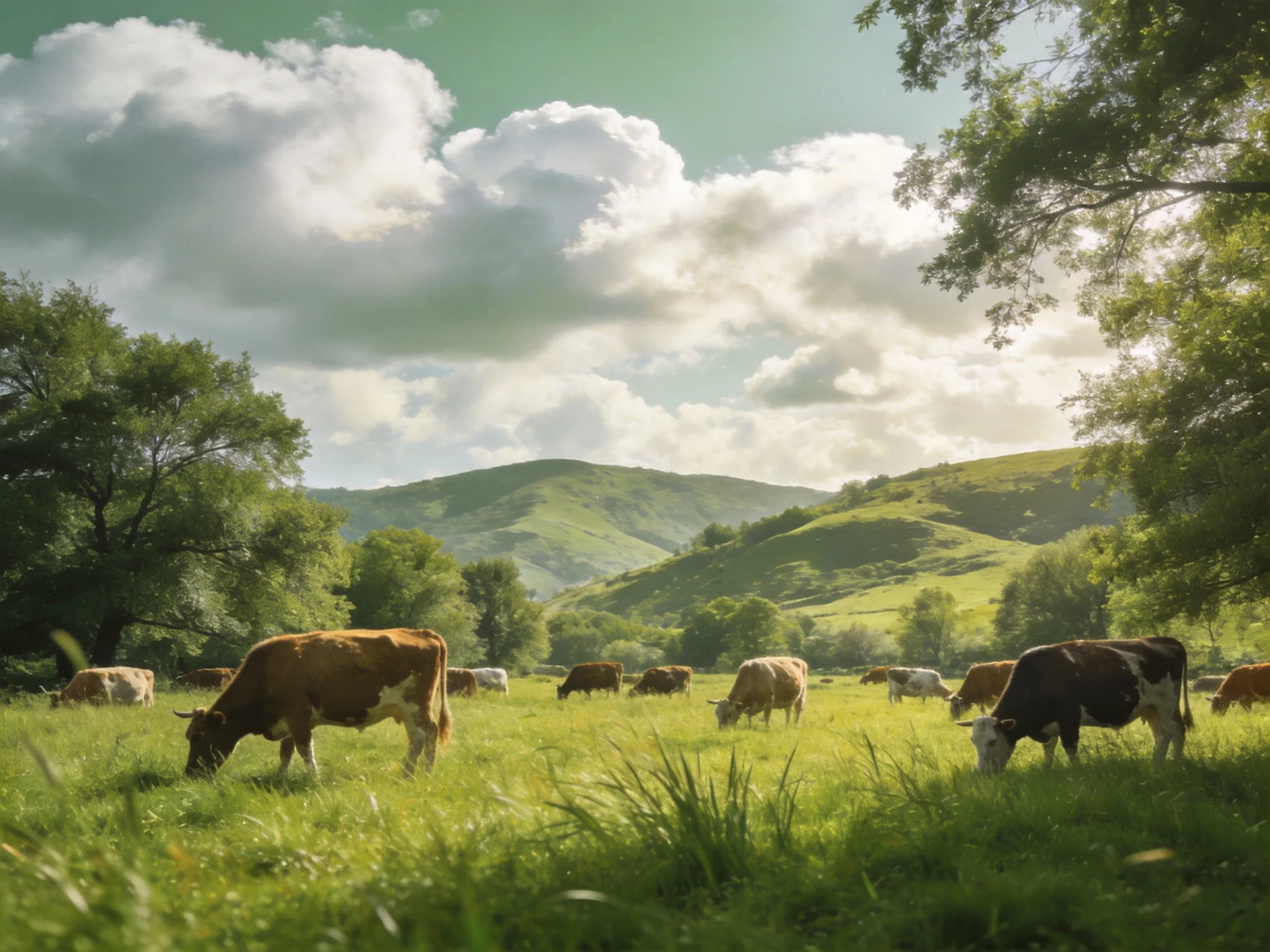 Cows graze in a lush green pasture with rolling hills and bright sky