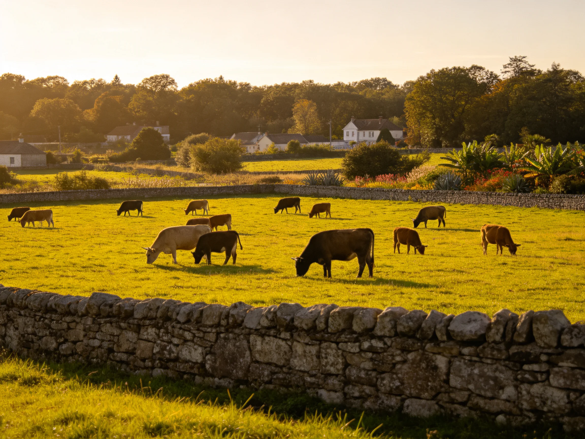 Cows graze in a sunlit green pasture with stone fences and rural homes