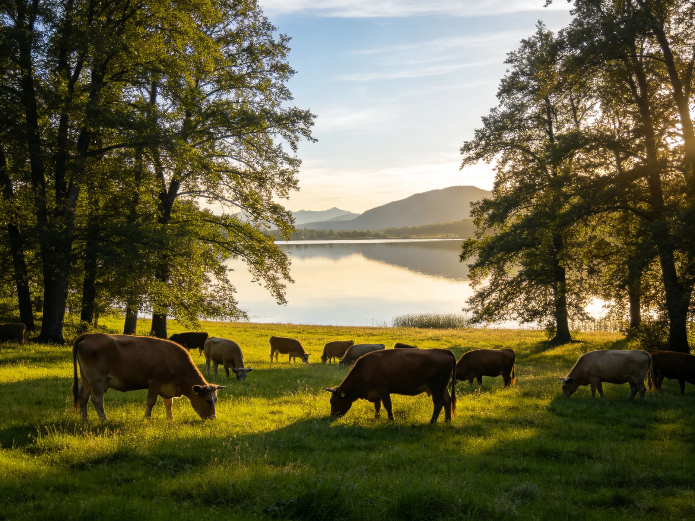Cows graze in a sunlit meadow near a tranquil lake