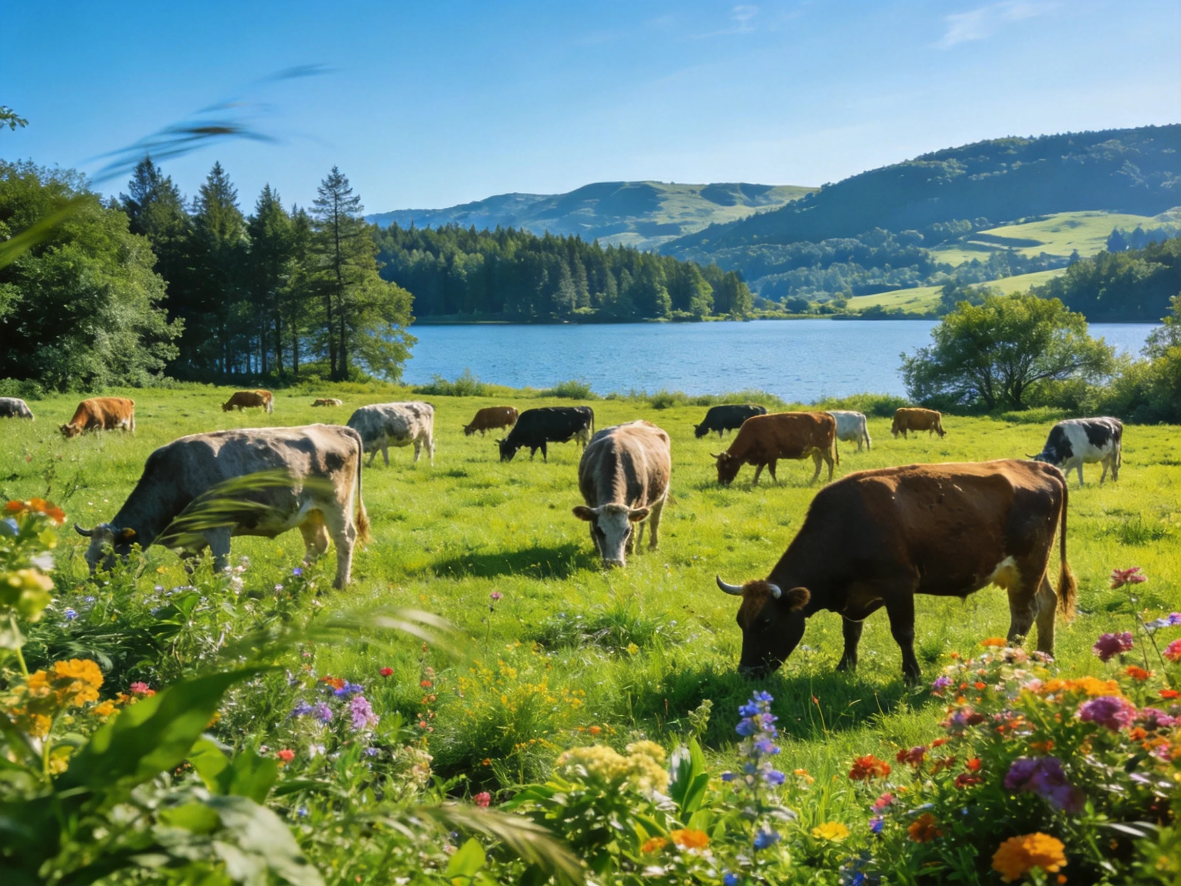 Cows graze peacefully in a vibrant meadow beside a calm lake.
