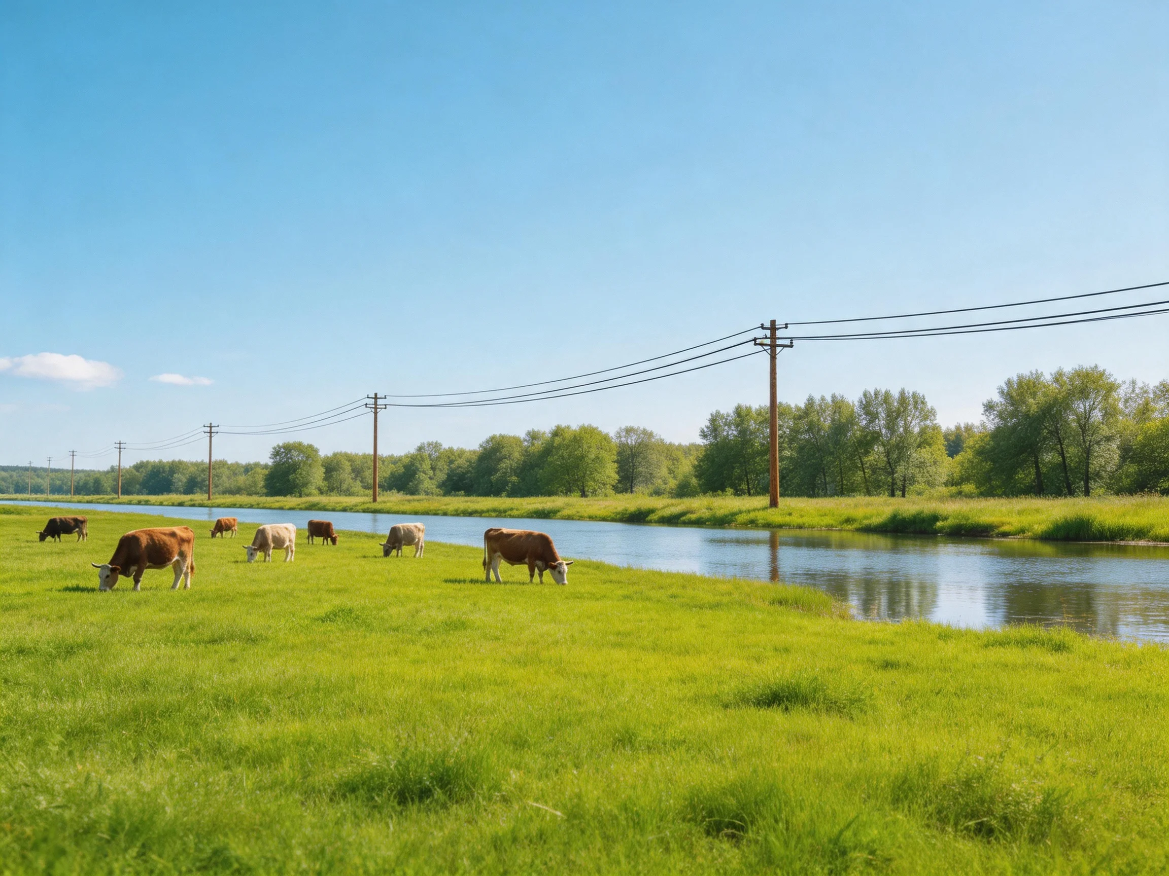 Cows graze peacefully by a serene river in a sunny landscape.