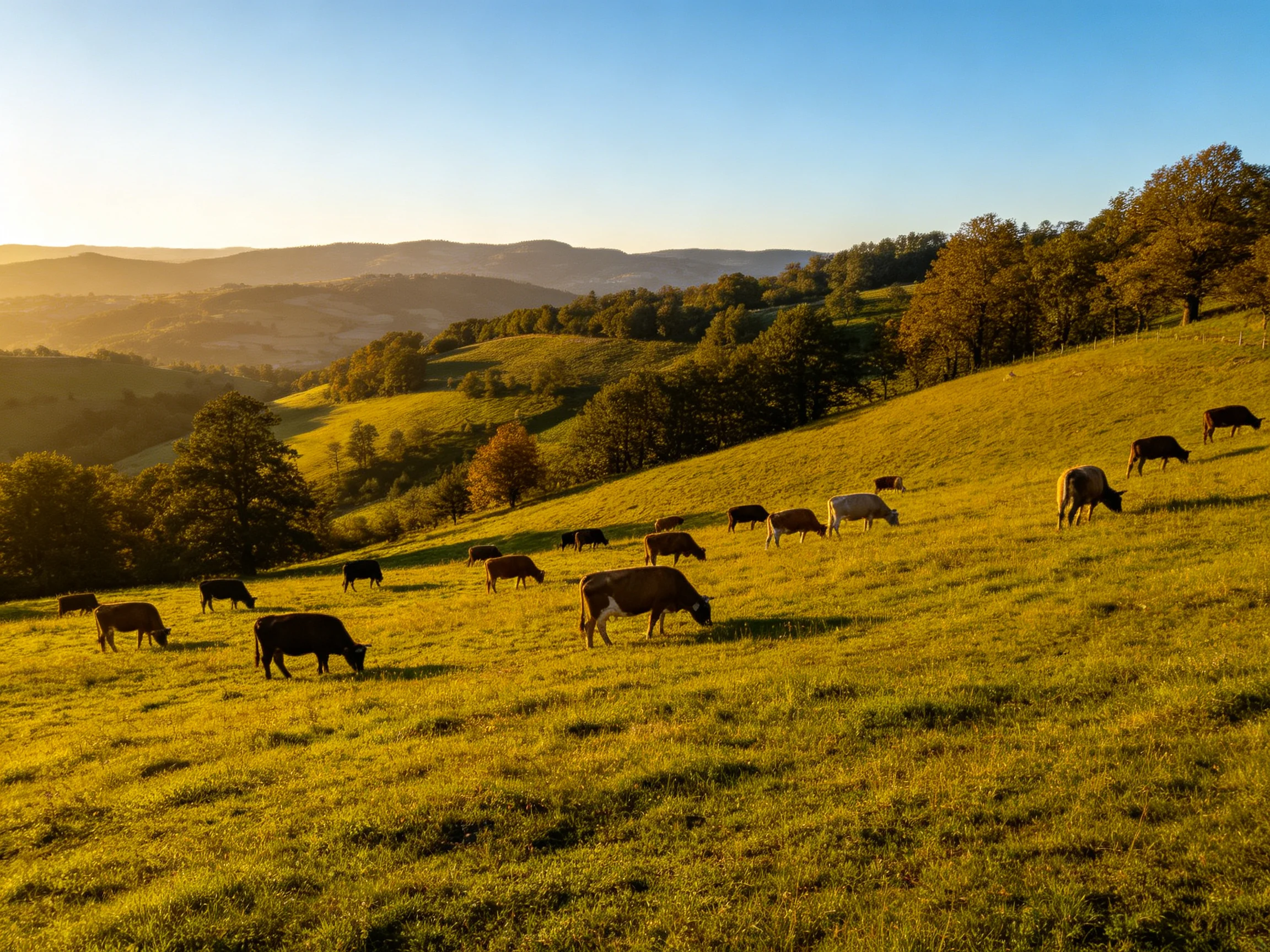 Cows graze on a golden hillside with rolling green mountains