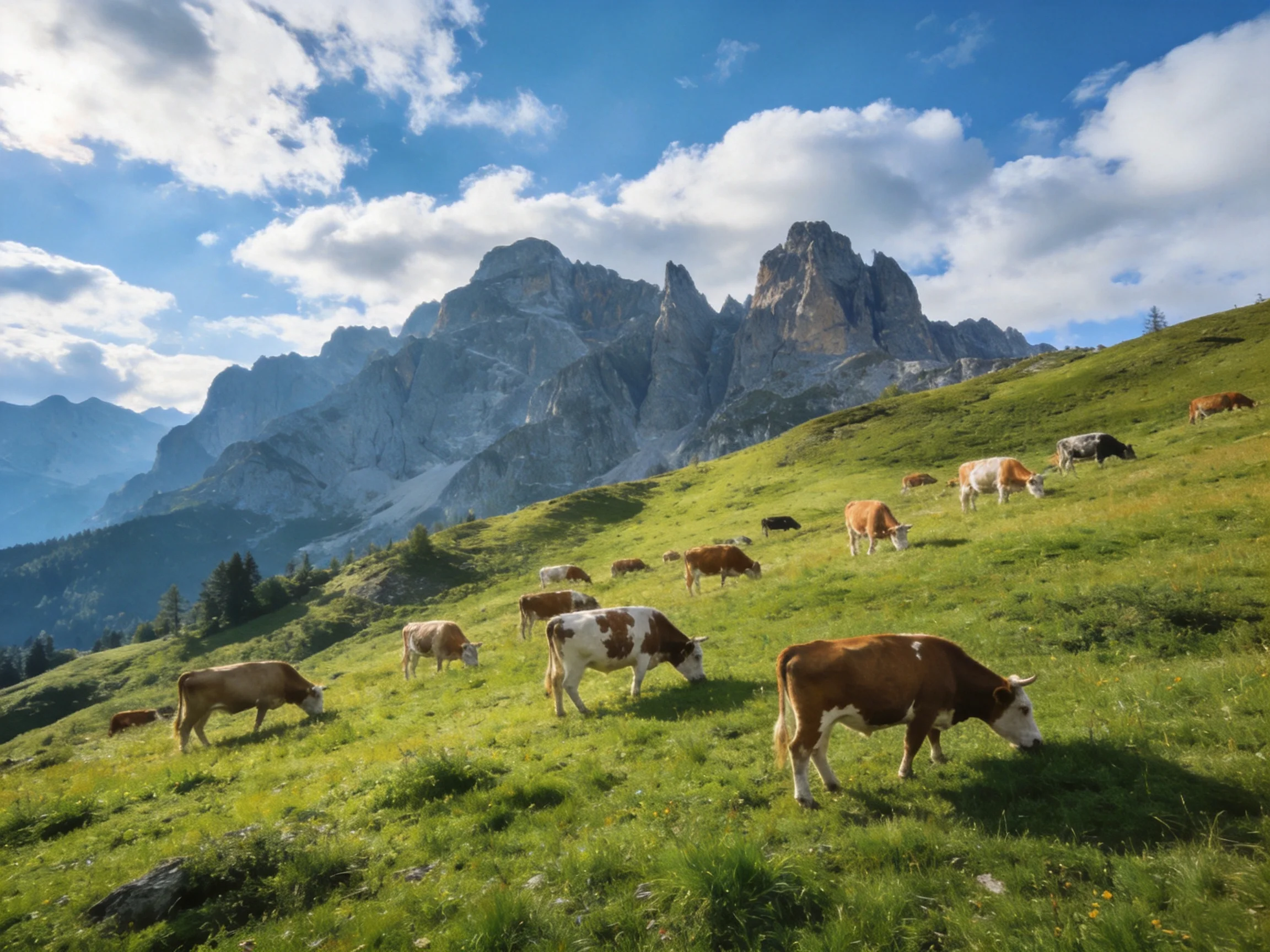 Cows graze on a lush green hillside near towering rocky mountains