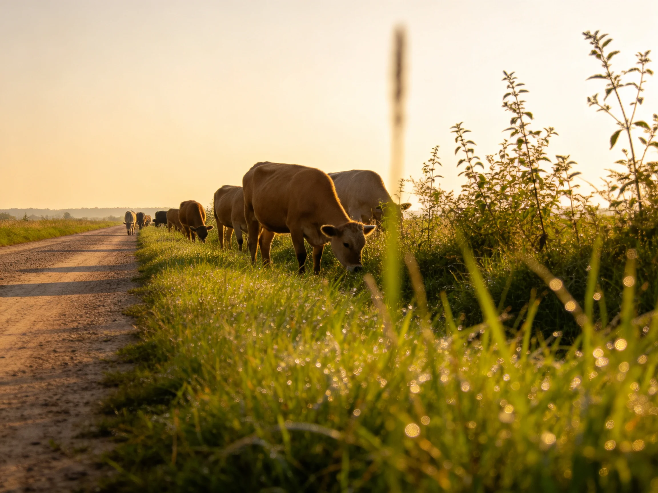 Cows grazing along a golden dirt road with lush greenery