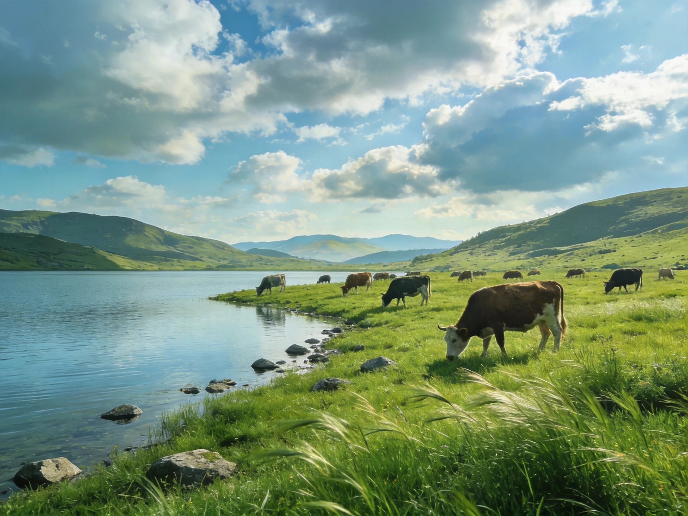 Cows grazing by a serene blue lake among lush green hills