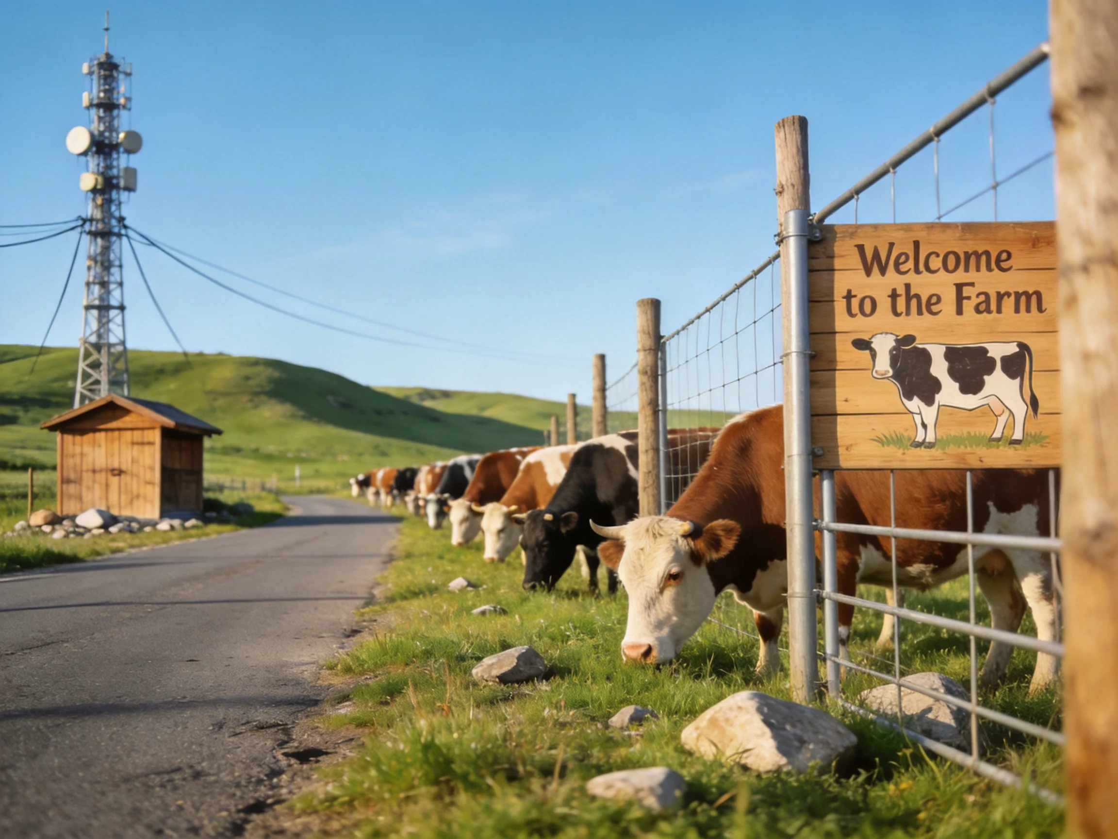 Cows graze near a Welcome to the Farm sign by a rural road.