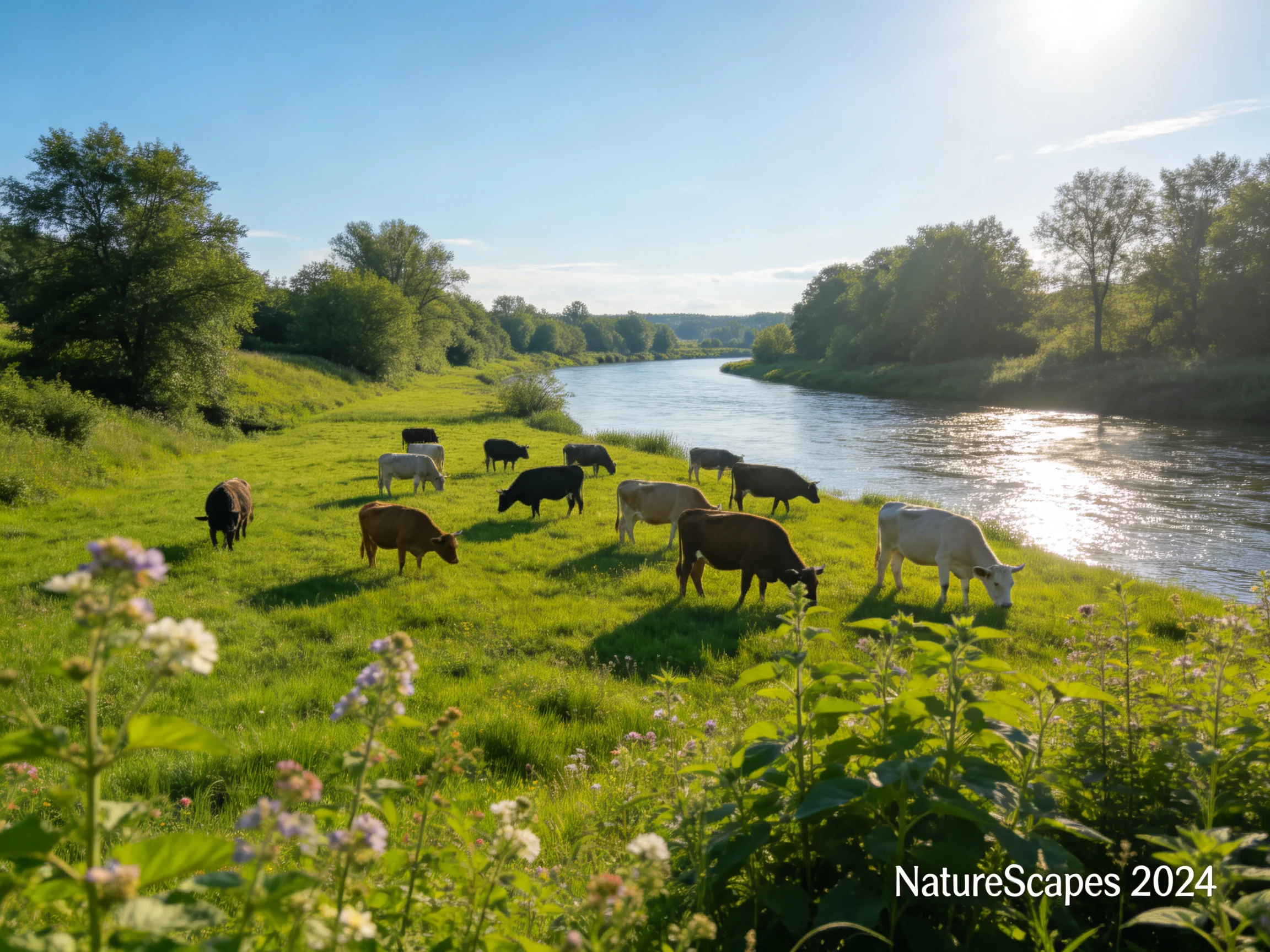 Cows grazing near a winding river in lush green meadows