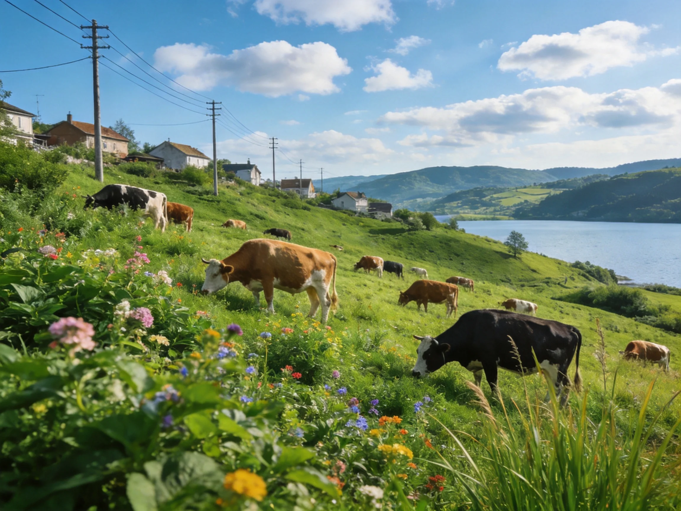 Cows grazing on a colorful flowered hillside near houses and water