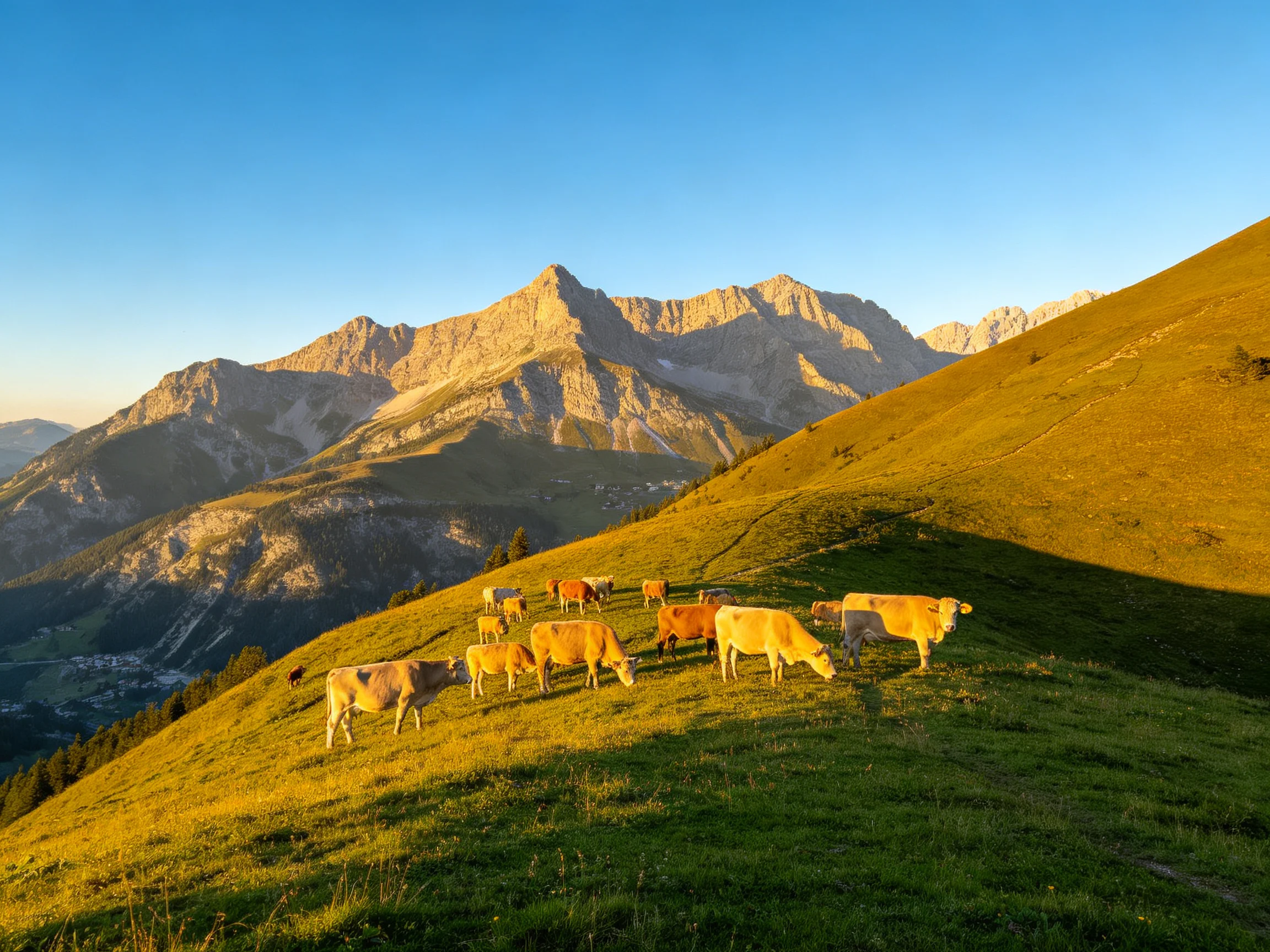 Cows grazing on a golden-hued hillside near rugged mountains