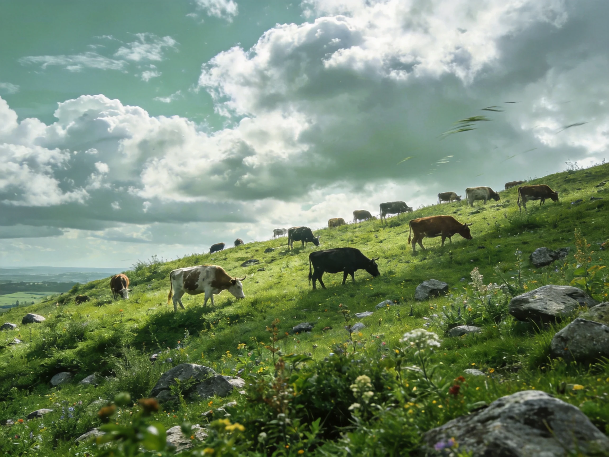 Cows grazing on a lush green hillside beneath billowing clouds
