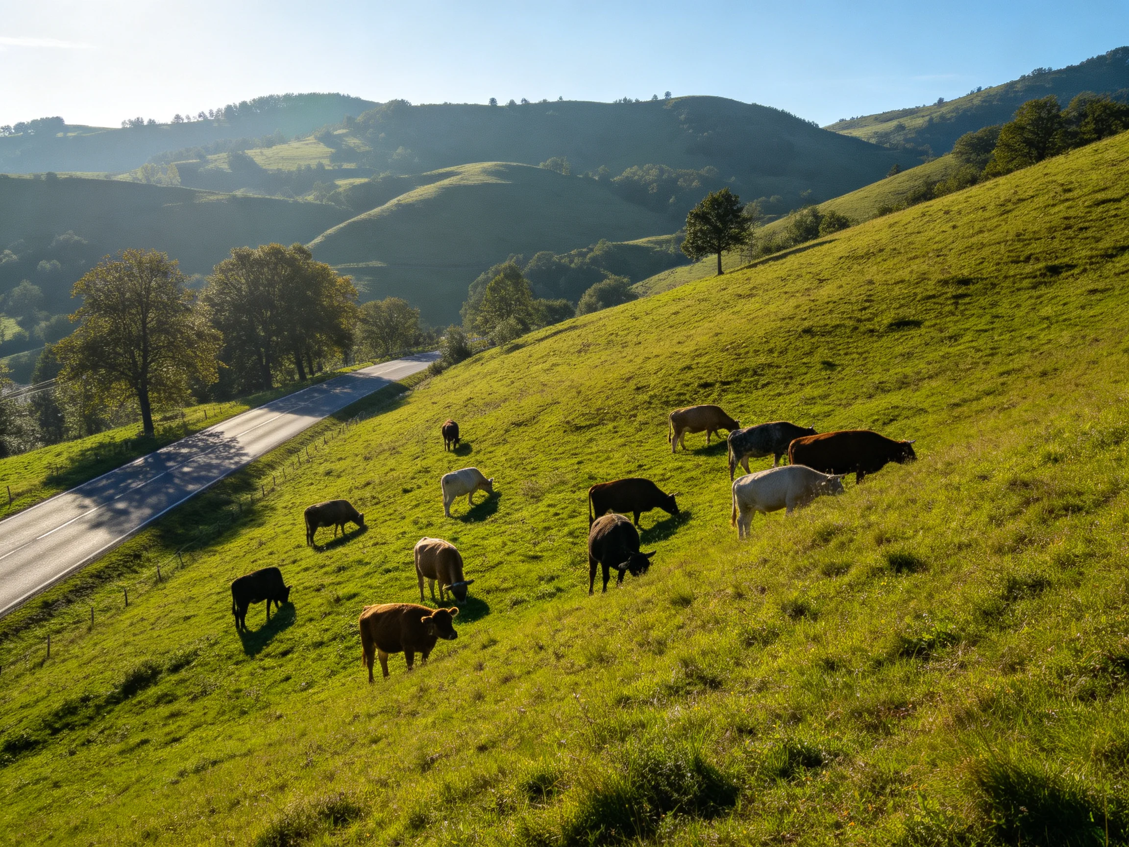 Cows grazing on a lush green hillside beside a paved road