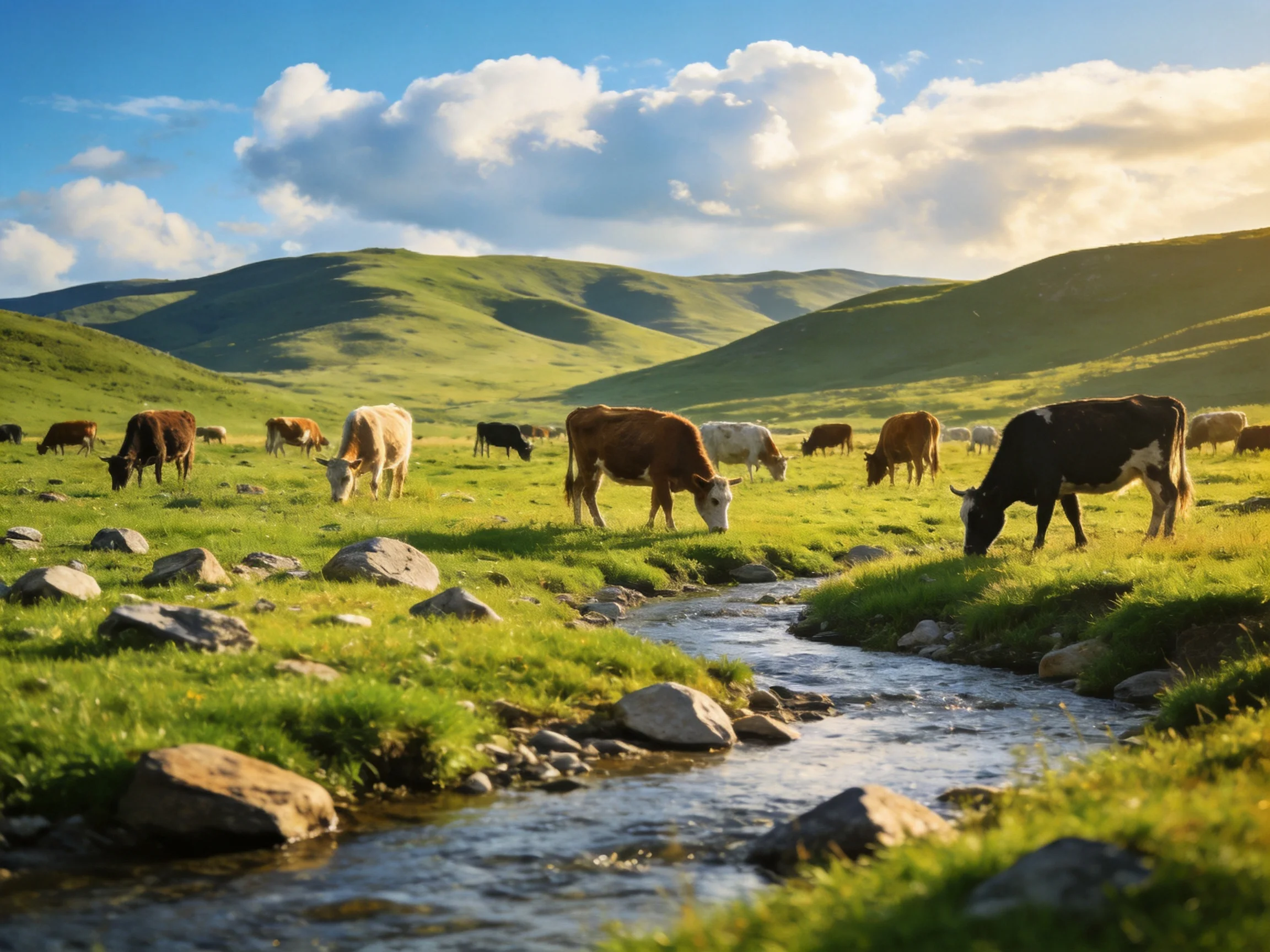 Cows grazing on lush green hills near a winding stream