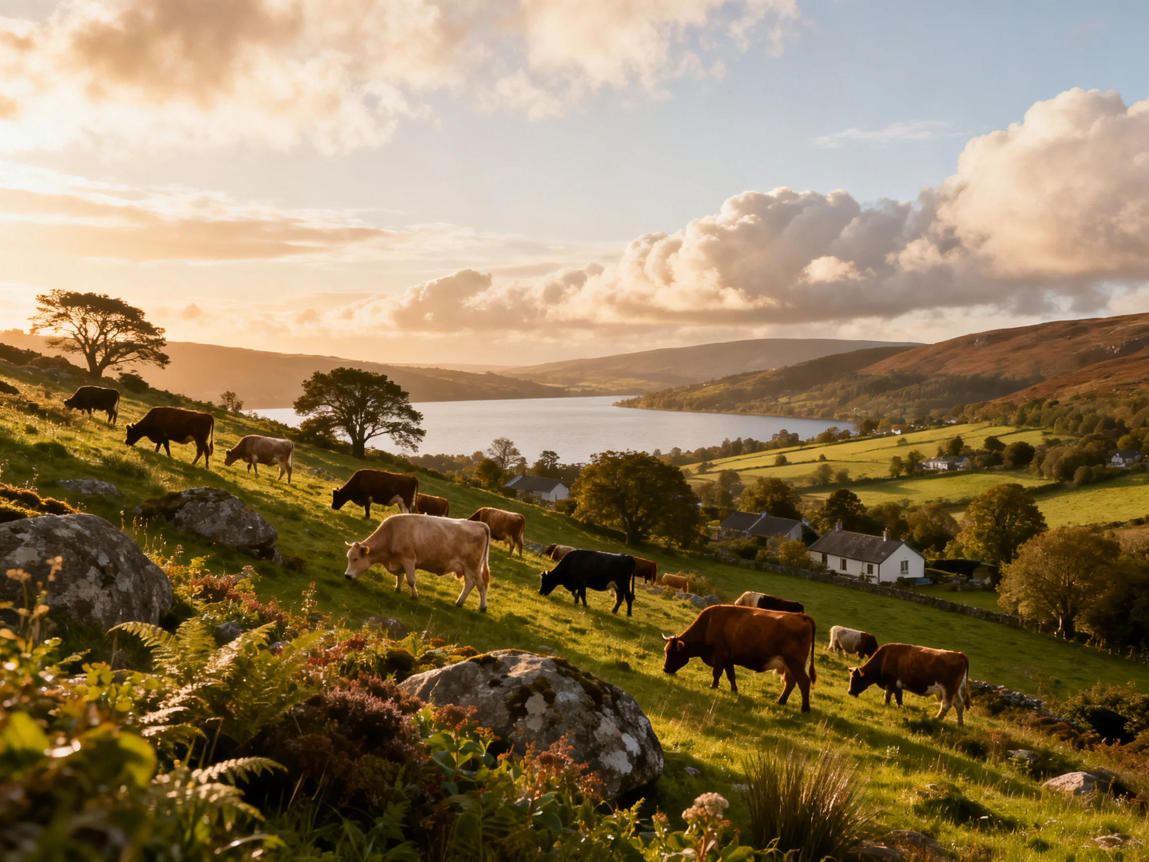 Cows grazing on lush green hillside near a serene lake
