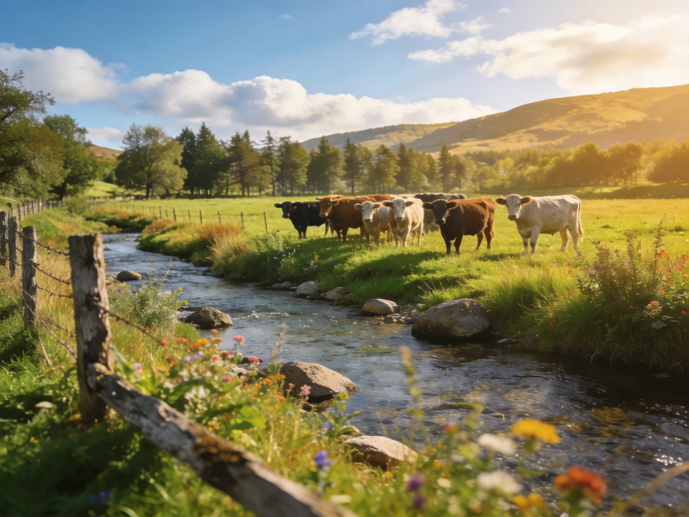 Cows near a stream in a sunny green pasture