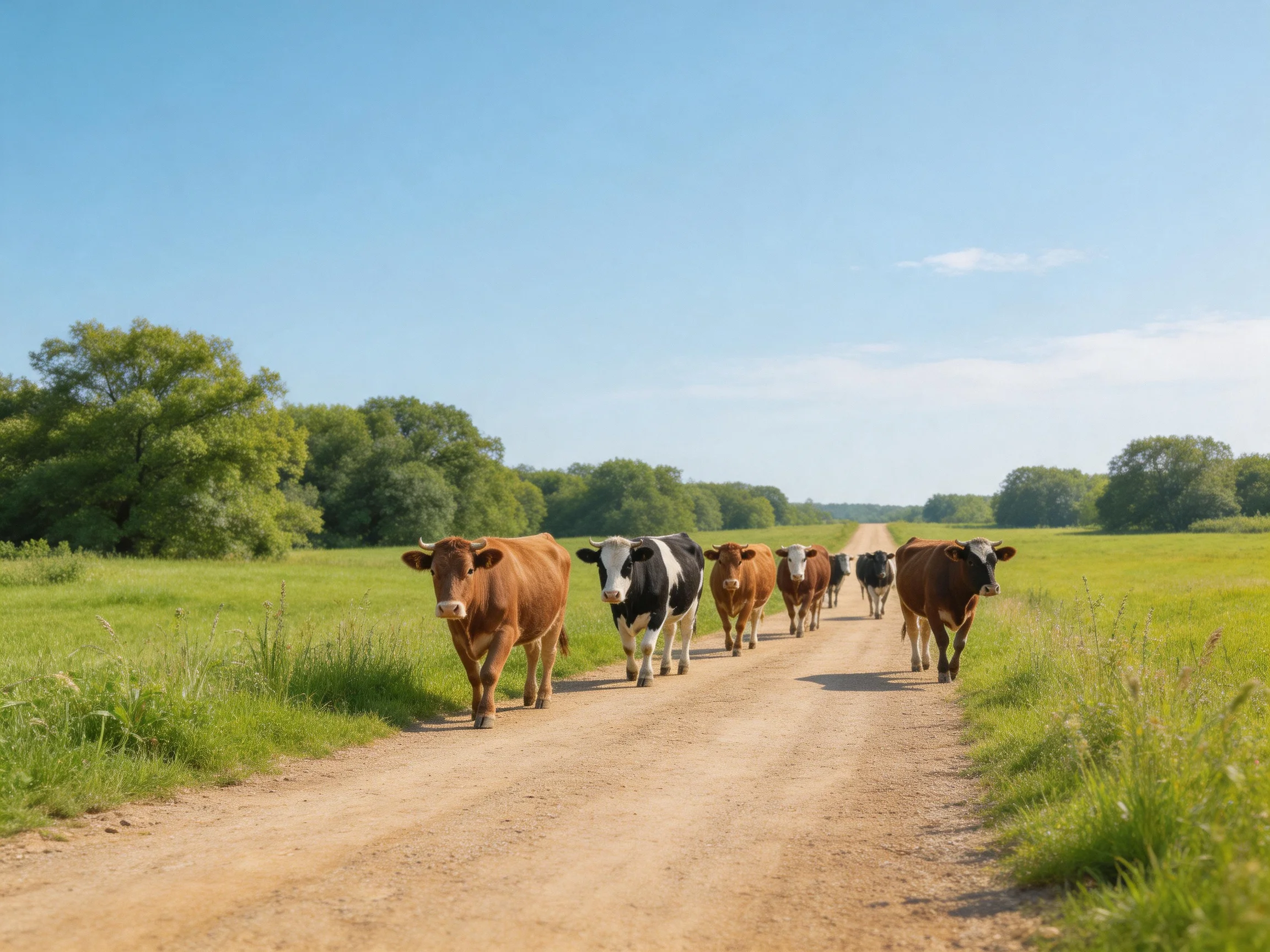 Cows of brown and black hues walk along a sunny dirt path
