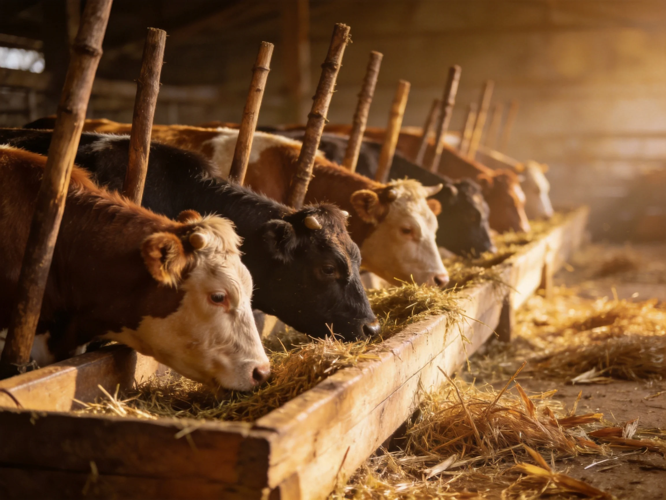 Cows of brown, black, and white coats eat hay from a long wooden trough